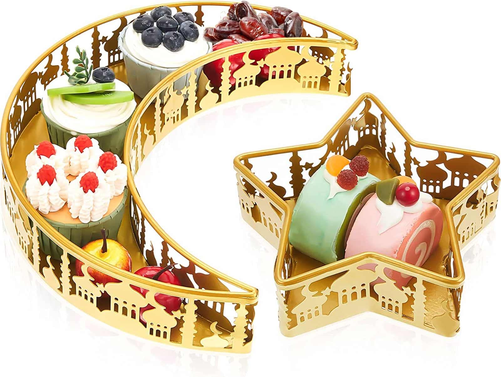 Ramadan Serving Tray Set,2Pcs Moon and Star Food Tray Eid Mubarak Tableware Dessert Candy Date Palm Containers Home Decoration