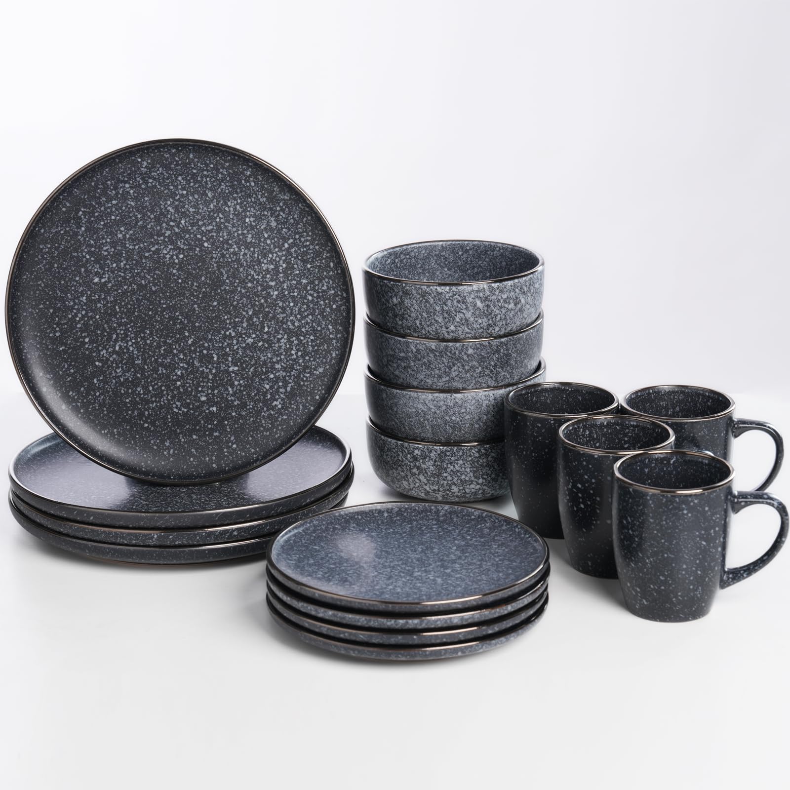16-Pieces Stoneware Dinnerware Set, Kitchen Dinnerware Ceramic Crockery Set, Dinner Service Set for 4, Include Dinner Plate, Dessert Plate, Cereal Bowl and Mug (Snowflake Blue)