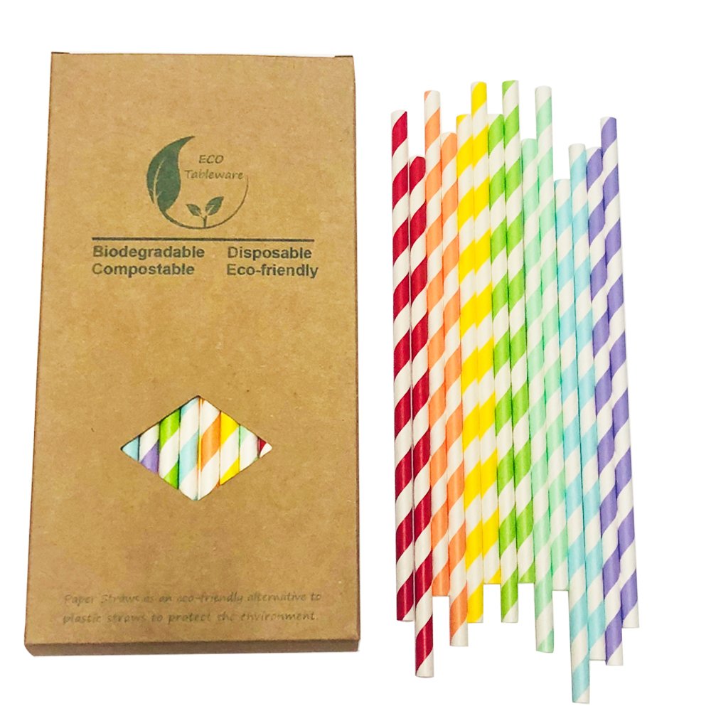 100 Pack Colored Striped Paper Straws 197 x 6mm, 7 Mixed Assorted Colors Rainbow Stripes Disposable Drinking Straw For Cake Pop Sticks Christmas Party Decorations