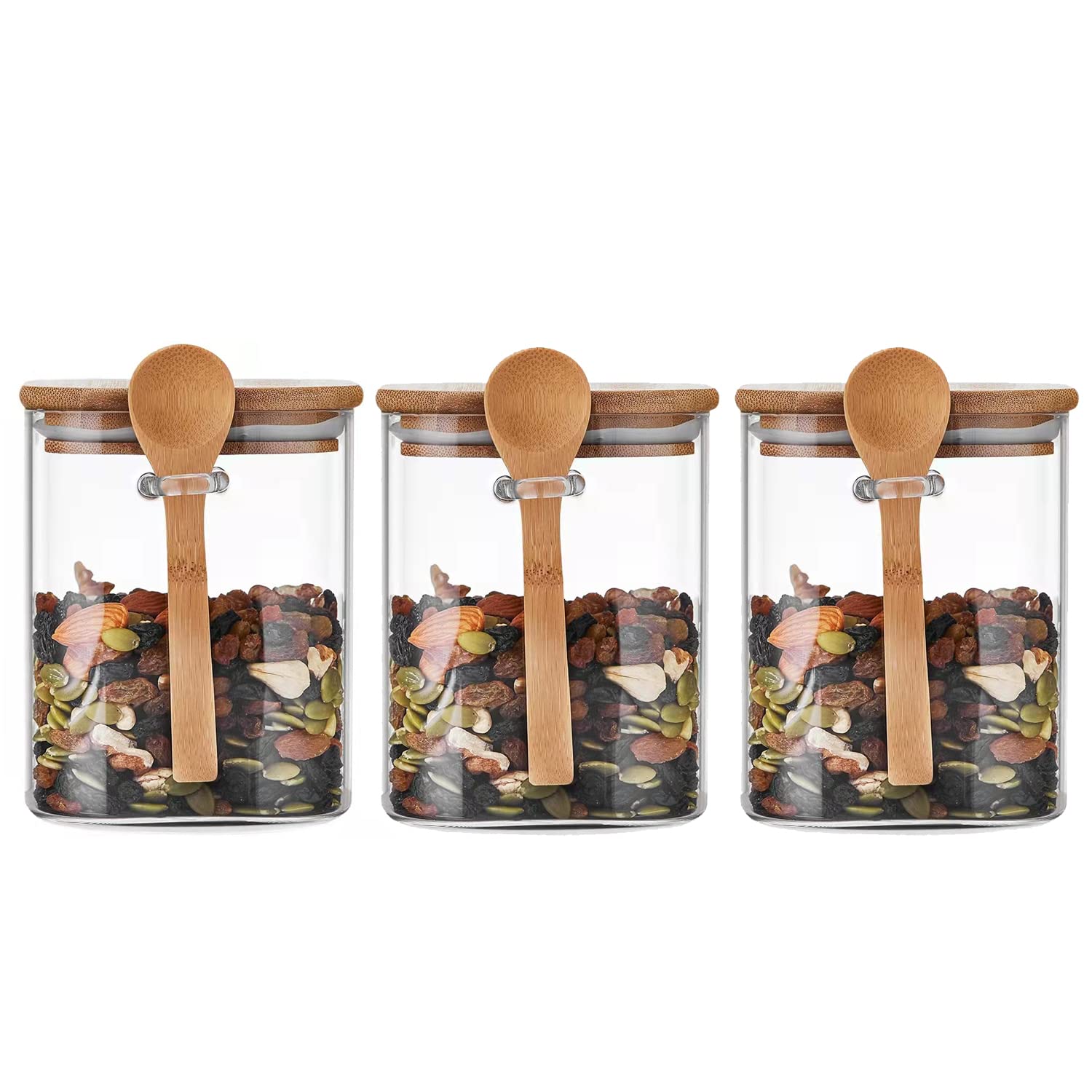 Glass Storage Jar with Bamboo Lids and bamboo Spoon,3 Airtight Food Jars Kitchen Food Storage Containers with Scoop For Serving Tea, Coffee, Flour, Sugar, Candy, Cookie, Spice (Small:800ml)