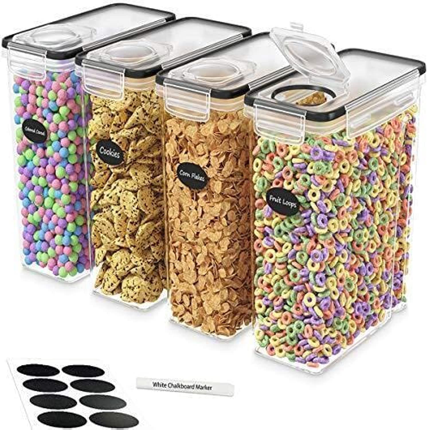 MahMir® BPA-Free Plastic Airtight Stackable Cereal and Dry Food Storage Organizer Containers with Locking Lids (2.5L / 85.4oz) - Set of 4 for Sugar, Flour, Snack, Baking Supplies (4Pcs Set))