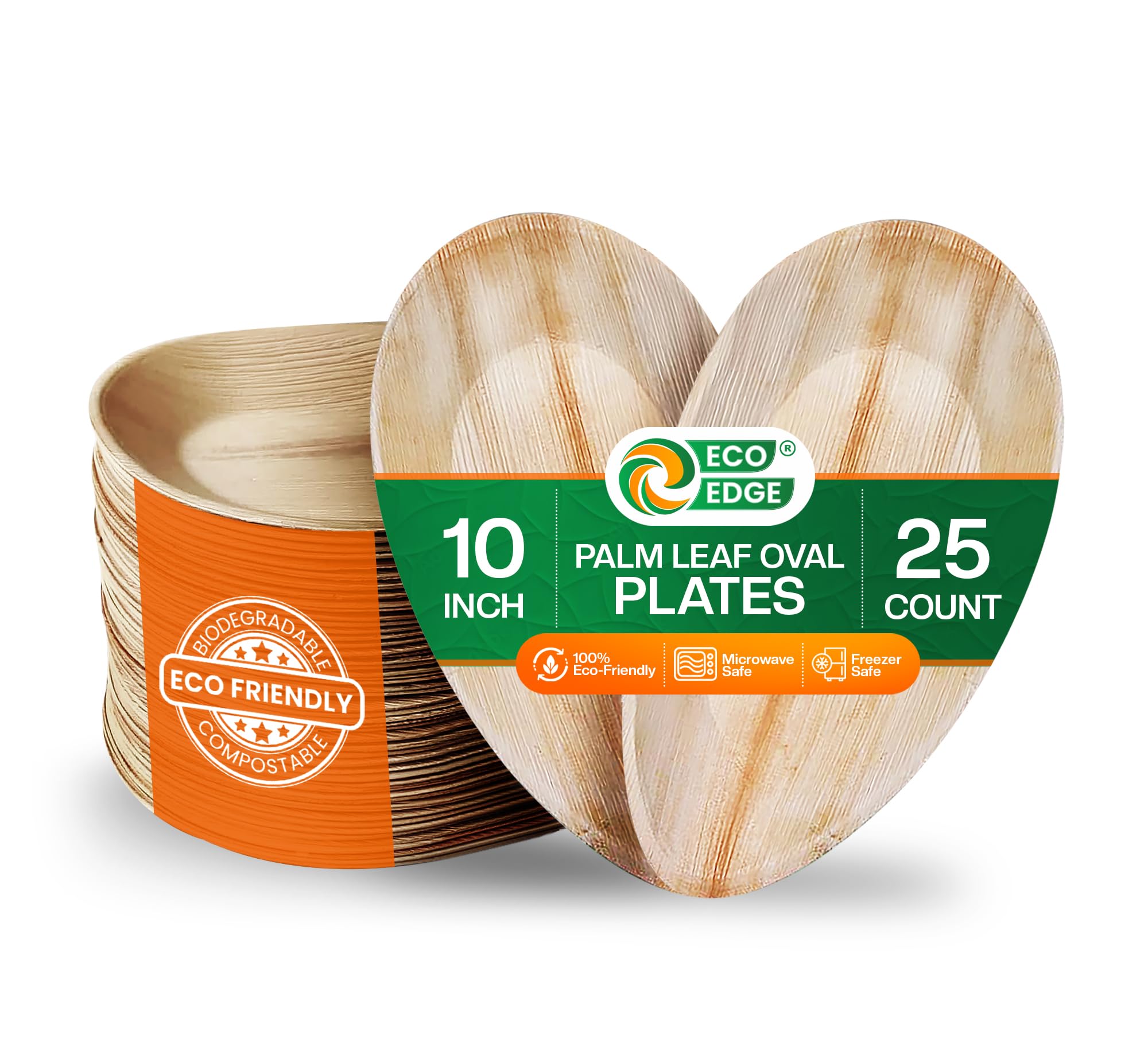 EcoEdge 10 Inch Oval Areca Palm Leaf Disposable Plates (Pack of 25) | Plant Based, Eco-Friendly, Biodegradable, Compostable | Heavy Duty, Stackable, Sustainable Dinning | 100% Natural