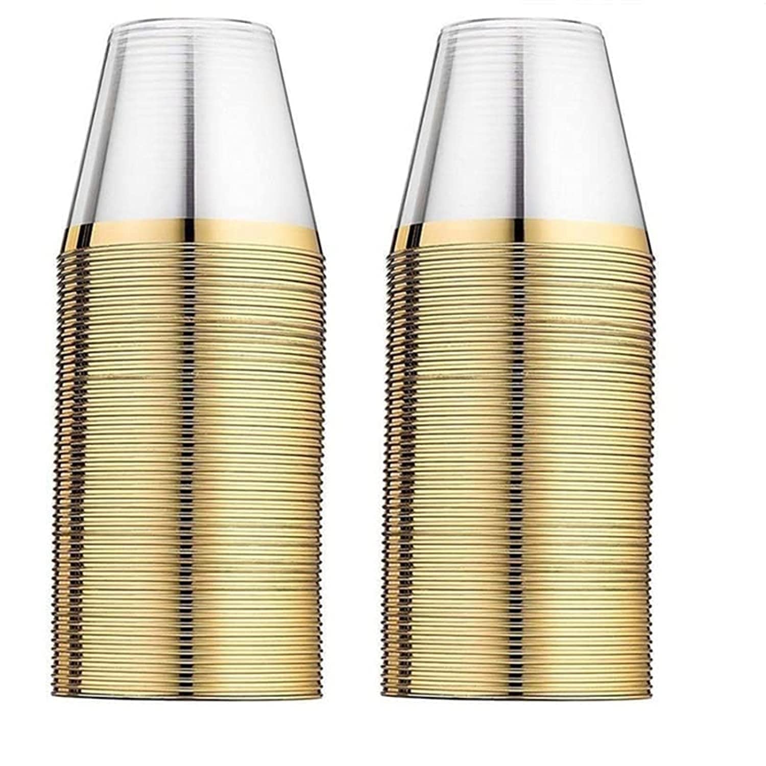 Beauenty 100 Gold Plastic Cups 9 Oz Clear Plastic Cups,Disposable Wedding Cups Elegant Party Cups With Gold Rim,Gold Rimmed Fancy Party Cups?Reusable Plastic Cups