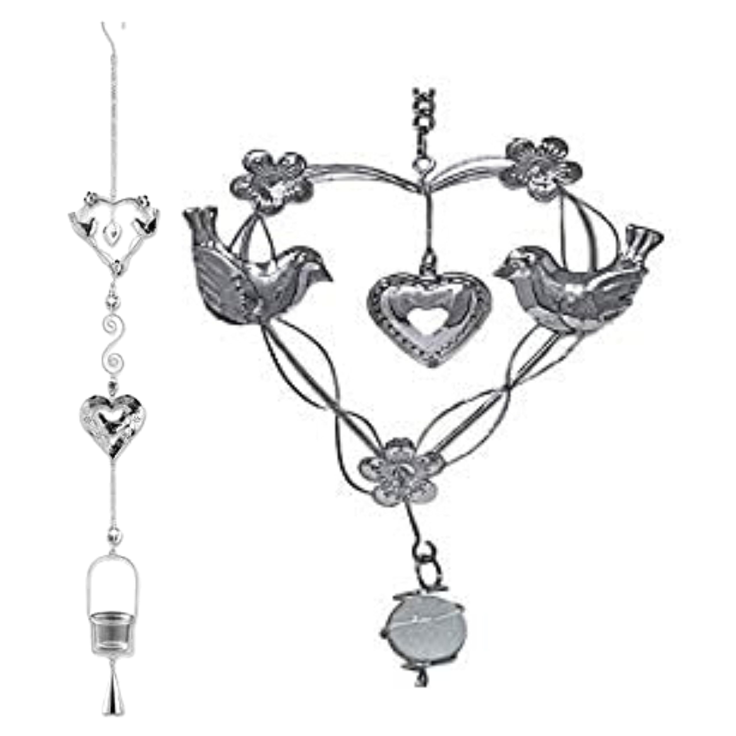 BANBERRY DESIGNS Hanging Glass Candle Holder Chimes - Birds and Heart Shape Design - Silver Filigree with a Glass Votive Candle Holder - Hanging Garden Decor - 40" H Gift for Mom