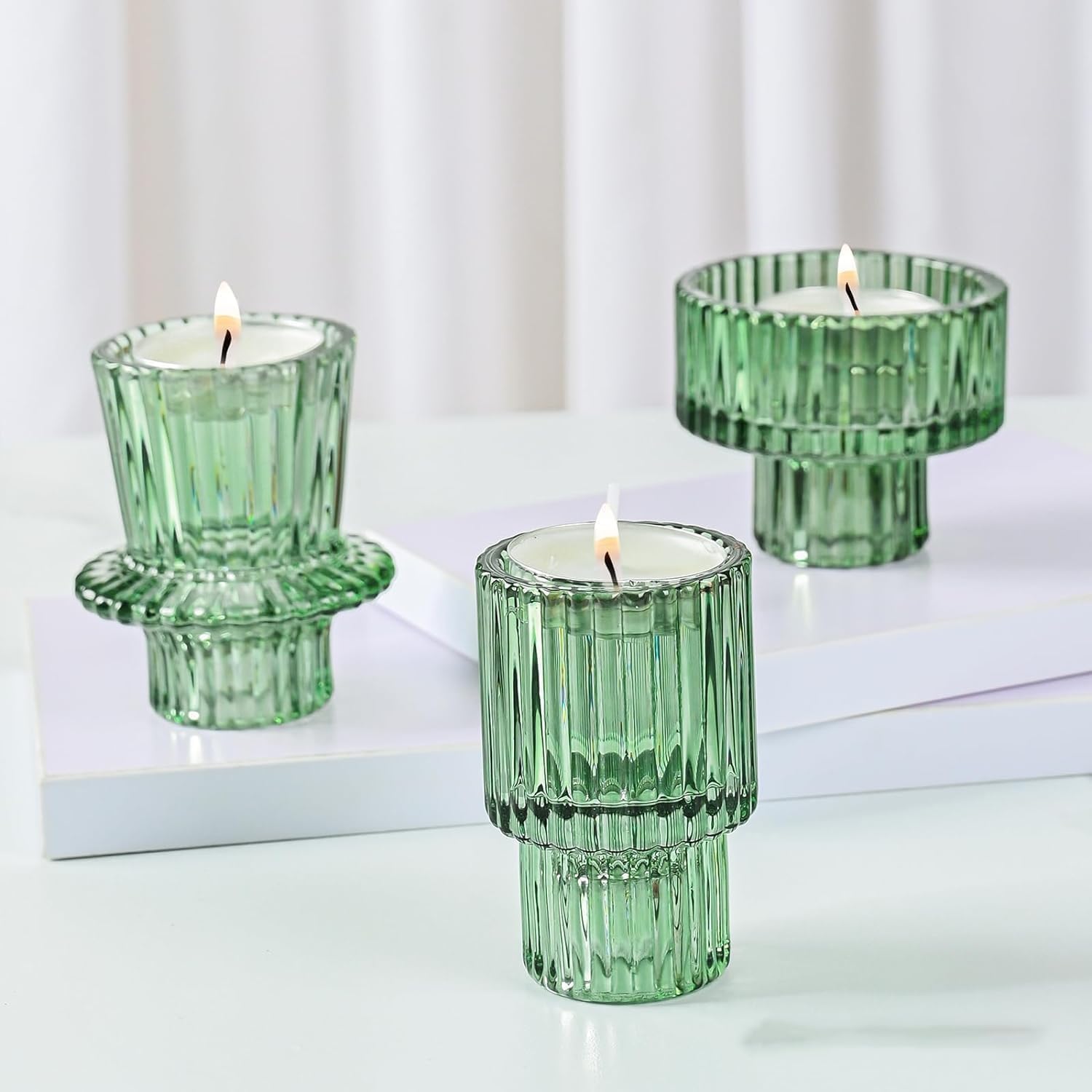 Glass Candle Holder, 3-Piece Elegant Crystal Candle Holders, Reversible Votive and Pillar Candle Holders, Suitable for Home Decor, Wedding Reception and Special Occasions