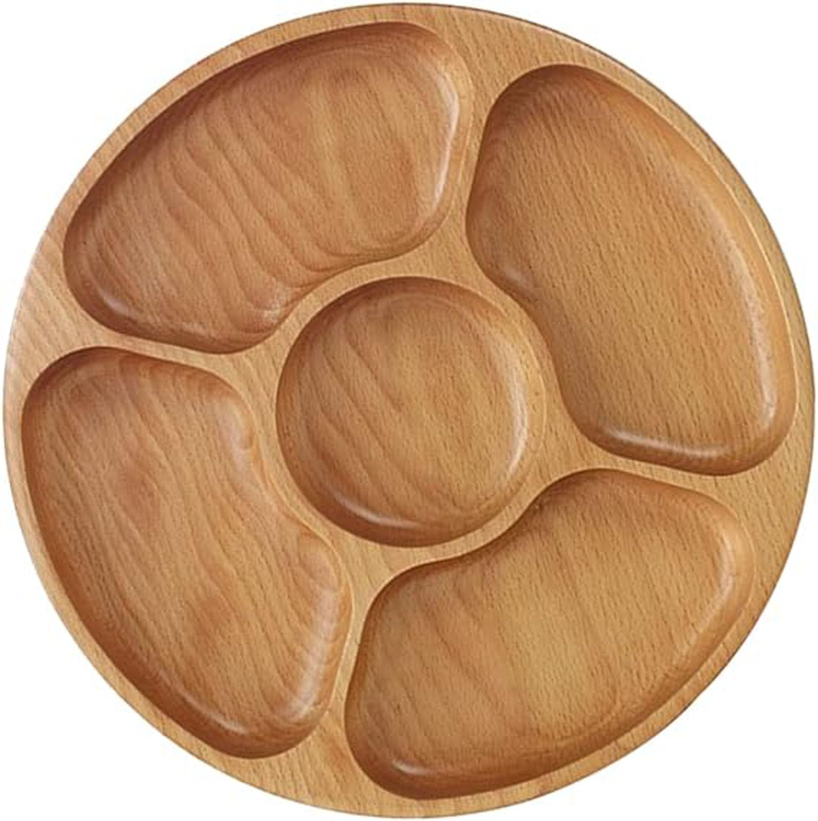 ALMEKAQUZ Divided Wooden Plate Round Dessert Dish Appetizer Serving Tray, Compartment Food Storage Organizer, Charcuterie for Chips and Dip Veggies Candy Snacks Wedding Decorations Wedding Decor Party