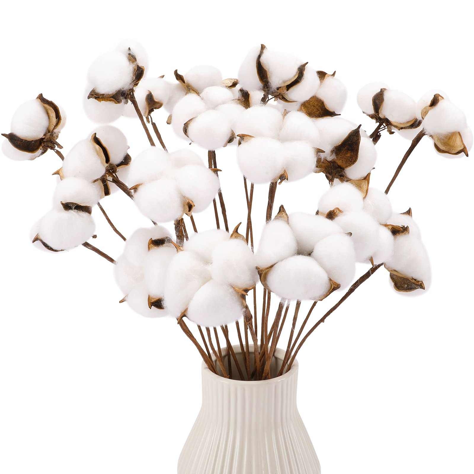 20pcs Cotton Stems, Fake Cotton Flowers Dried Cotton Picks Stalks Plants, Artificial Cotton Floral Stems Faux Farmhouse Decorations for Vase Home Decor
