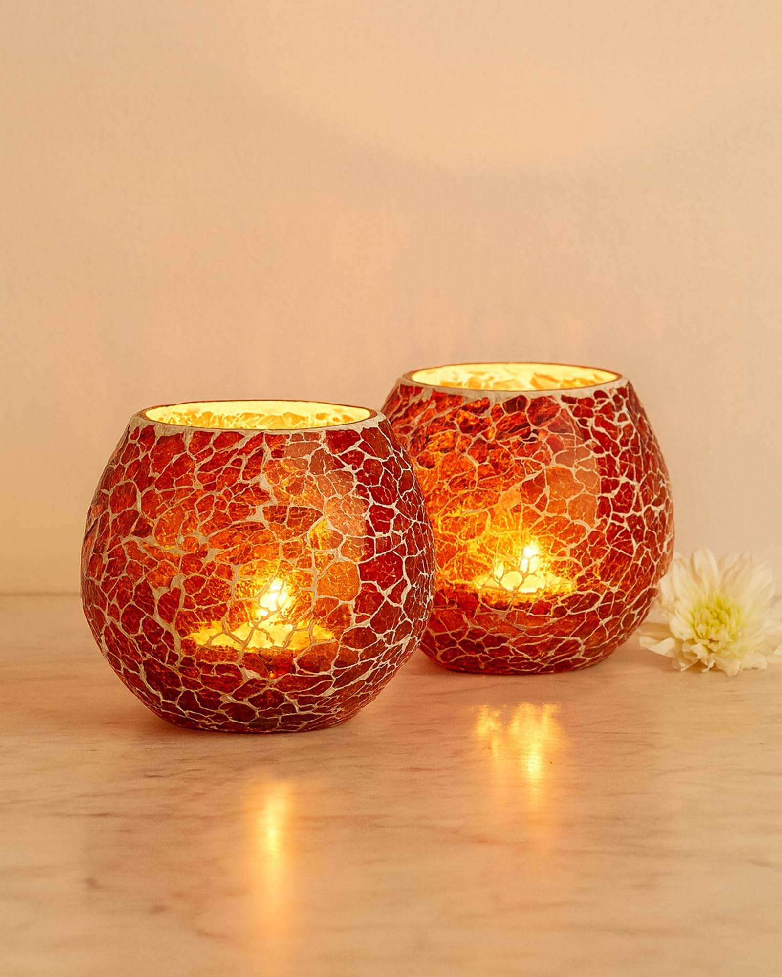 Homesake Moroccan Red Glass Crackle Mosaic Candle Holder, Tea Light Holder Votive, Set of 2