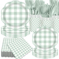 Gingham Party Supplies, Sage Green Gingham Paper Plates and Napkins Disposable Tableware Set for Baby Shower Wedding Dinner Picnic BBQ Birthday Party Decorations, Serve 25 Guests