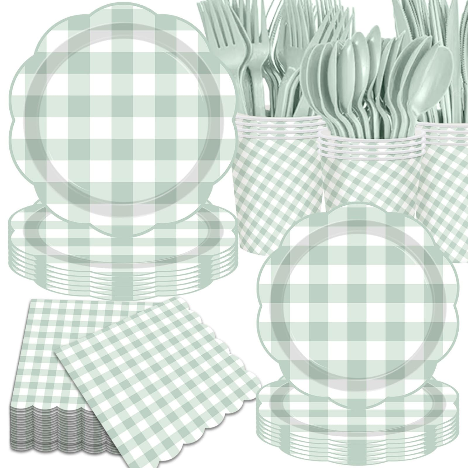 Gingham Party Supplies, Sage Green Gingham Paper Plates and Napkins Disposable Tableware Set for Baby Shower Wedding Dinner Picnic BBQ Birthday Party Decorations, Serve 25 Guests
