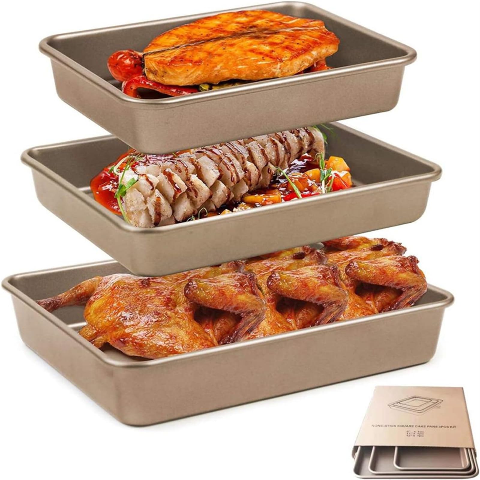 MOTIM 3 Pack Deep Baking Pans Set Nonstick Rectangular Cookie Sheets 9 11 13 Inch Baking Sheets for Baking Bread, Toaster Bakeware Rose Gold