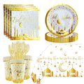 61 Pcs Eid Mubarak Tableware Set for 10 People – Eid Mubarak Plates, Cups, Napkins, Tablecloth and Utensils Disposable Dishes Kids' Tableware – Eid Paper Plates and Cups Set
