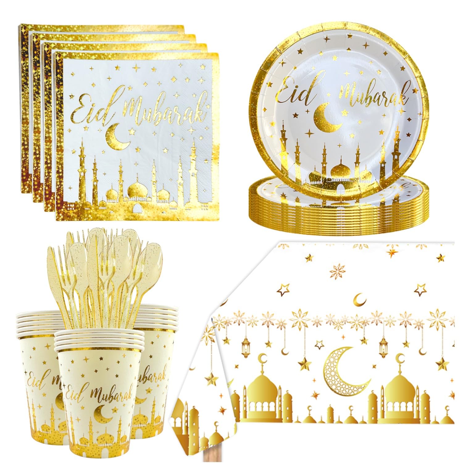 61 Pcs Eid Mubarak Tableware Set for 10 People – Eid Mubarak Plates, Cups, Napkins, Tablecloth and Utensils Disposable Dishes Kids' Tableware – Eid Paper Plates and Cups Set