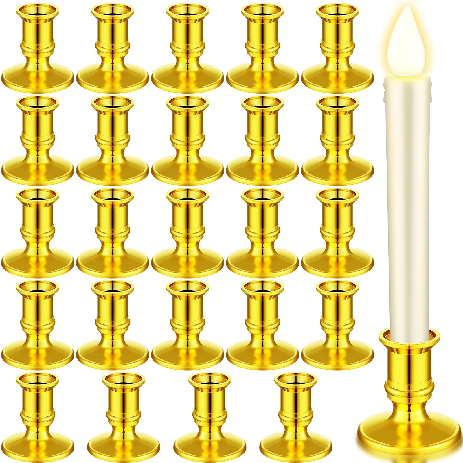 Luxury Gold Candle Holders Set (24 Pcs) for Taper and Pillar Candles Elegant Plastic Candlesticks Base for Dinner Table Centerpieces, Wedding, Eid Decorations, and Home Majlis Decor