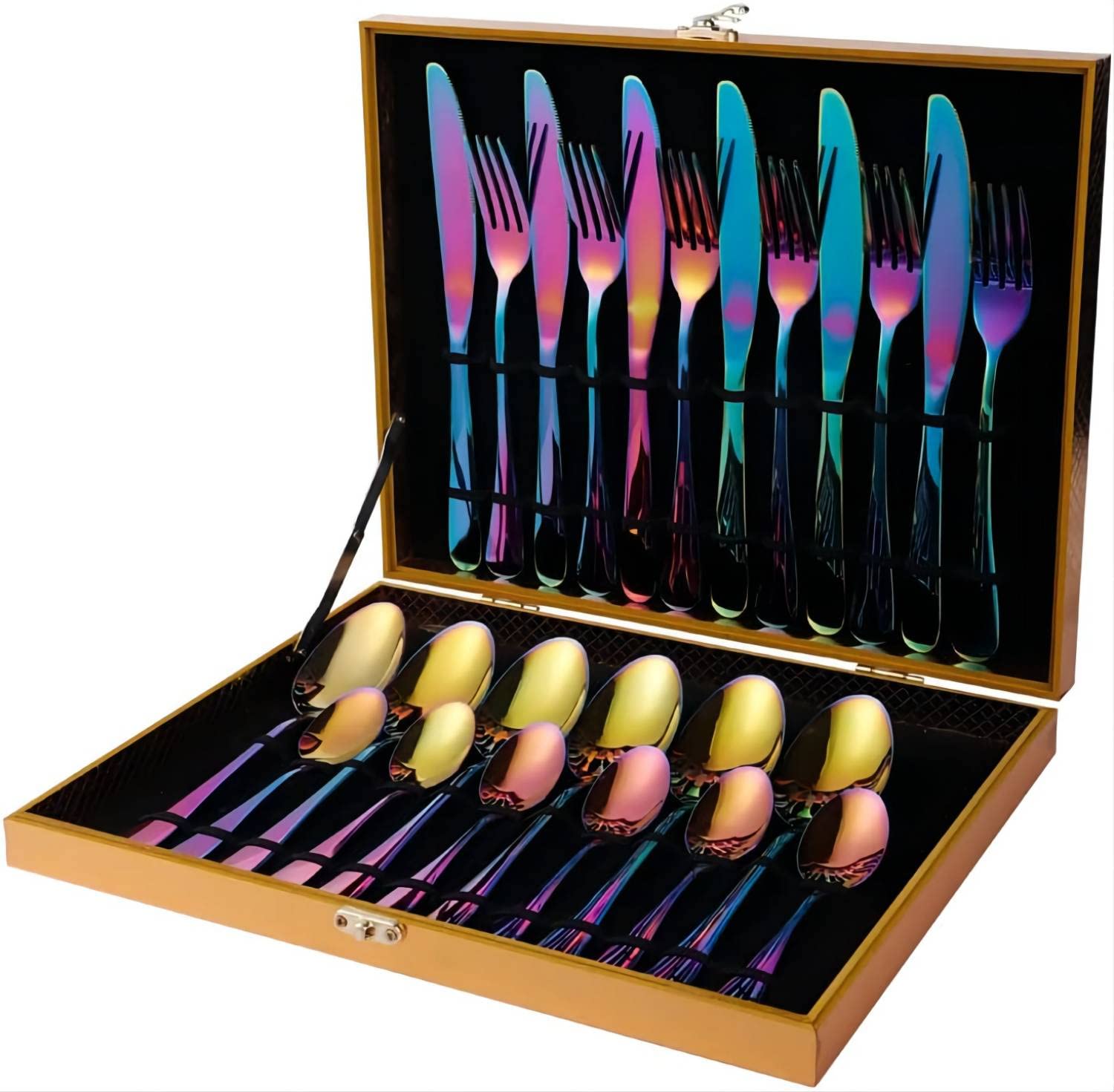 Arabest Flatware Set 24 Pcs Stainless Steel Cutlery Set with Gift Set Tableware Flatware Set Including Dinner Knife, Forks, Spoon and Teaspoon, Dishwasher Safe (rainbow)