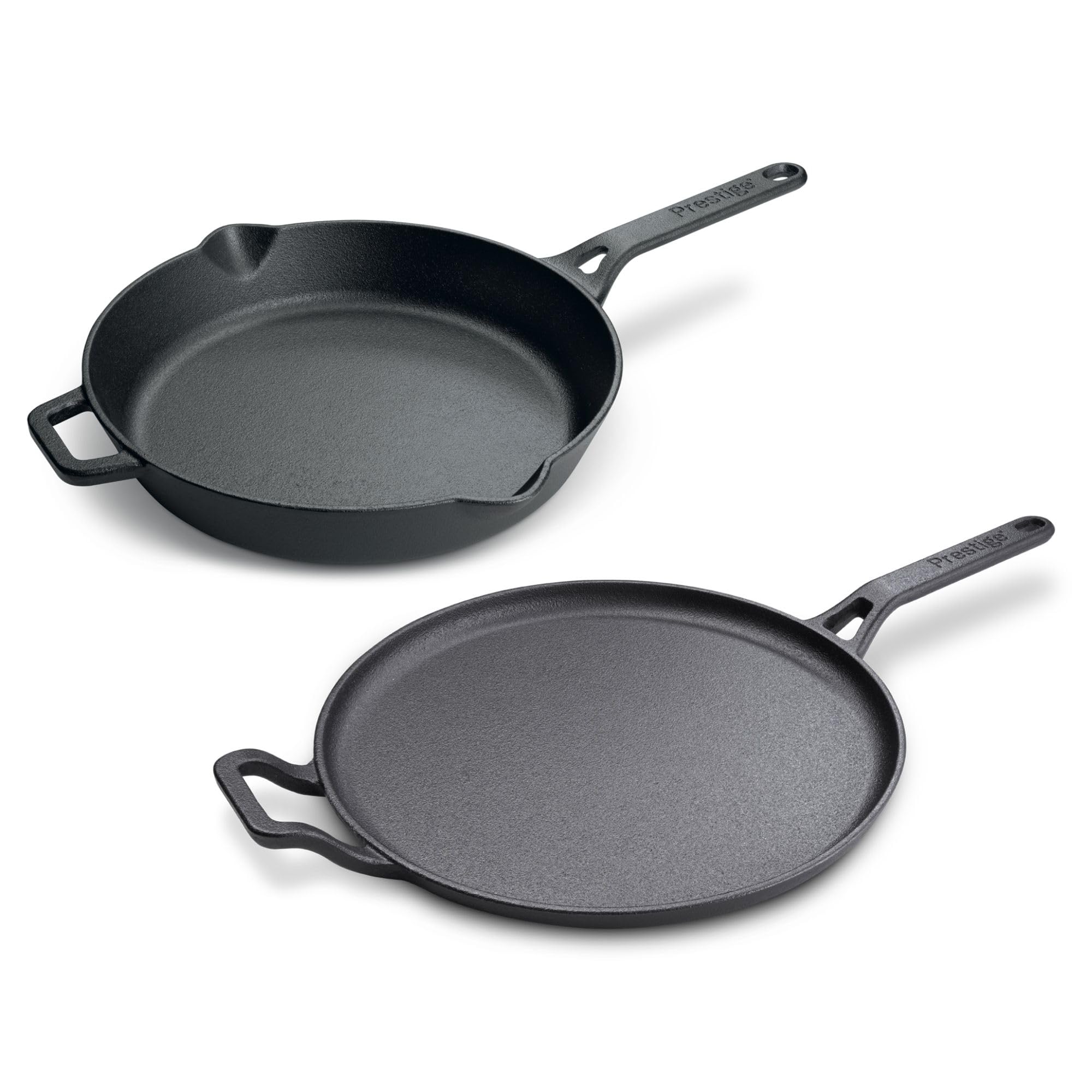 Prestige Pre-Seasoned Cast Iron Cookware Set - 28cm Flat Dosa Tawa + 26cm Fry Pan | Iron Utensils for Cooking | Induction Cookware Set | Black - PR49081