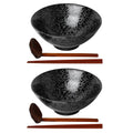 Kanwone Ceramic Japanese Ramen Bowl Set, Noodle Soup Bowls - 37 Ounce, with Matching Spoons and Chopsticks for Udon Soba Pho Asian Noodles, Set of 2, Black