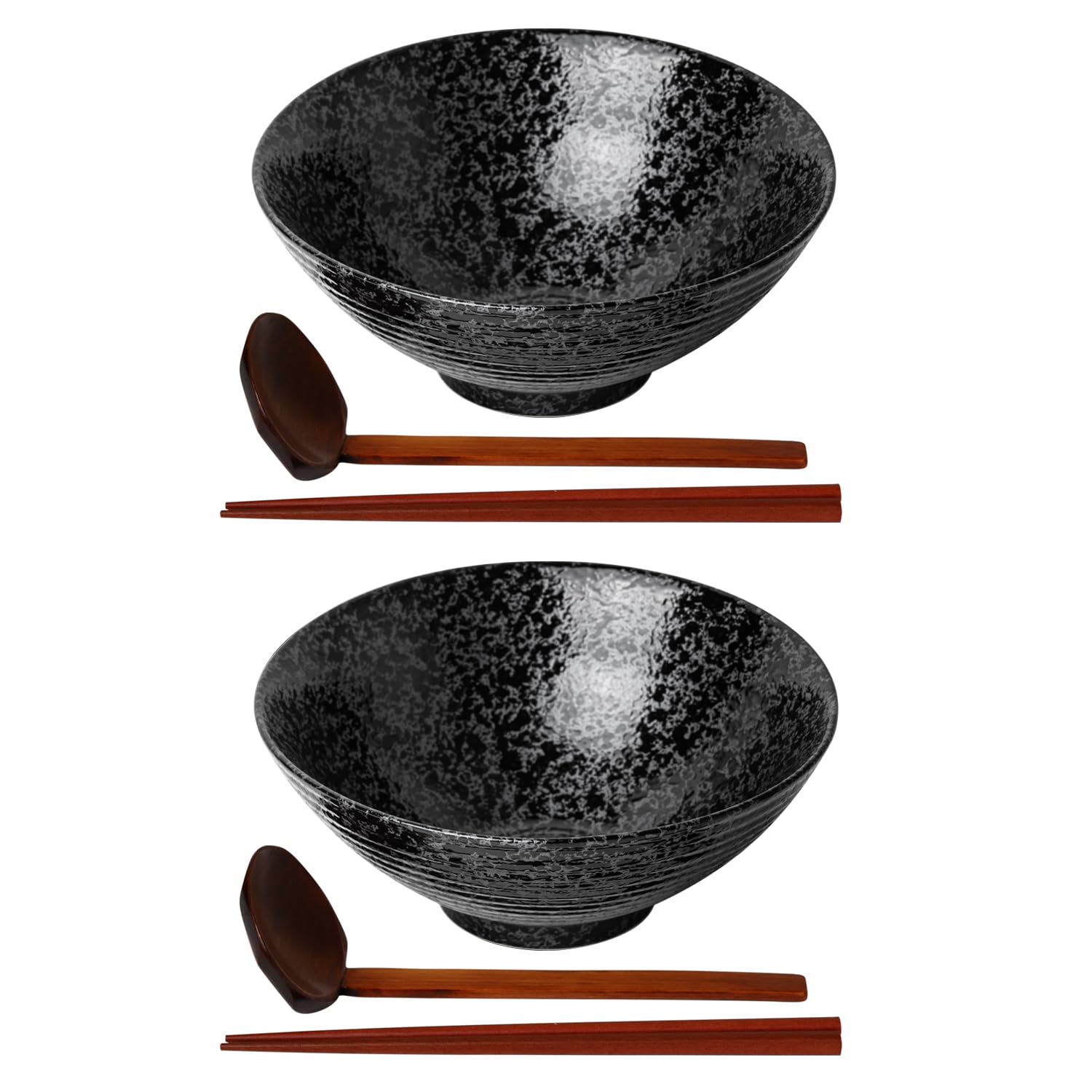 Kanwone Ceramic Japanese Ramen Bowl Set, Noodle Soup Bowls - 37 Ounce, with Matching Spoons and Chopsticks for Udon Soba Pho Asian Noodles, Set of 2, Black