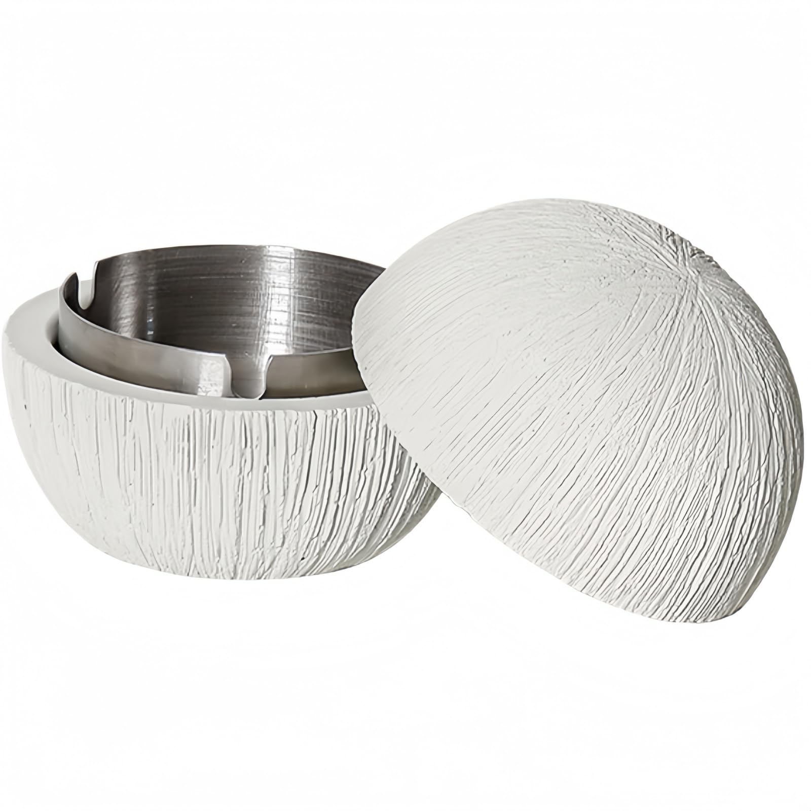 Concrete Ashtray with Stainless Steel Insert - 6 Colour Variations | Anti-Flying & Odourproof | Table Ashtray for Home, Balcony, Office - Scandinavian Design (Cream White, Silver Interior)
