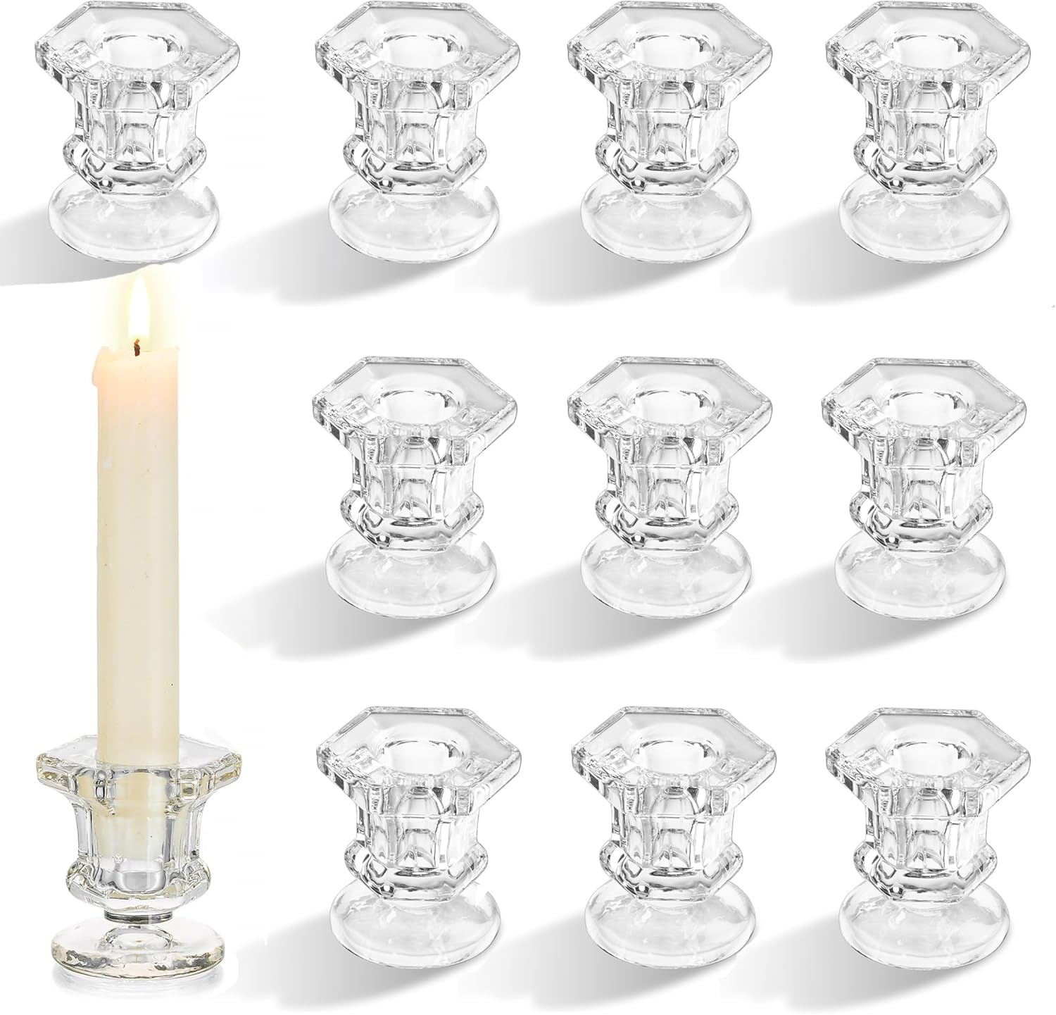 TERRIFI 12 Pcs Taper Candle Holders Set, Clear Glass Crystal Candlestick Holders, Ideal for Wedding Table Centerpieces and Home Decoration