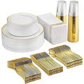 JANNAH 175 Piece Gold Disposable Dinnerware Set Lace Design 50-Plastic Plates, 25-Plastic Cups, Spoon, Fork, Table Napkins for Party Events Tableware Supplies