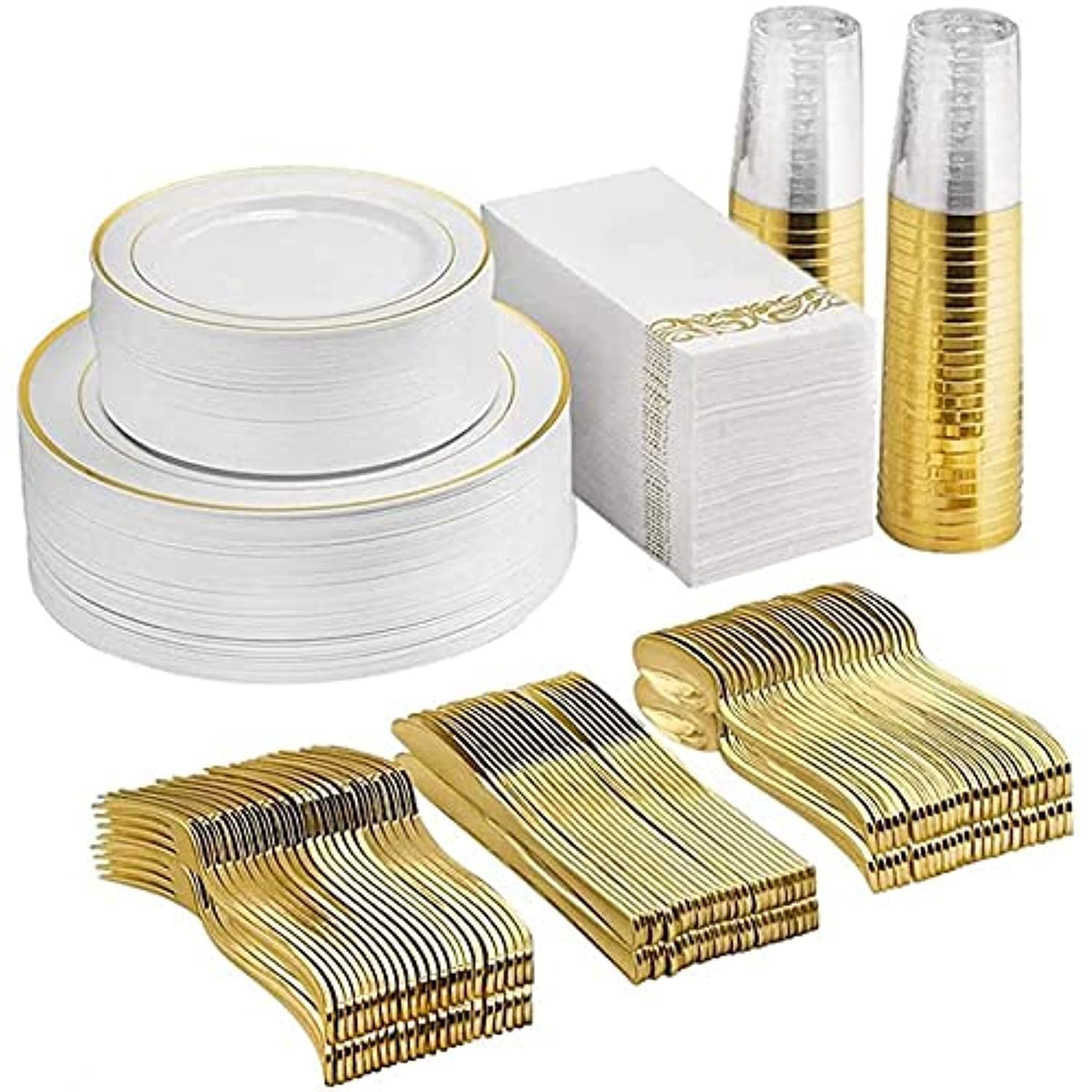 JANNAH 175 Piece Gold Disposable Dinnerware Set Lace Design 50-Plastic Plates, 25-Plastic Cups, Spoon, Fork, Table Napkins for Party Events Tableware Supplies