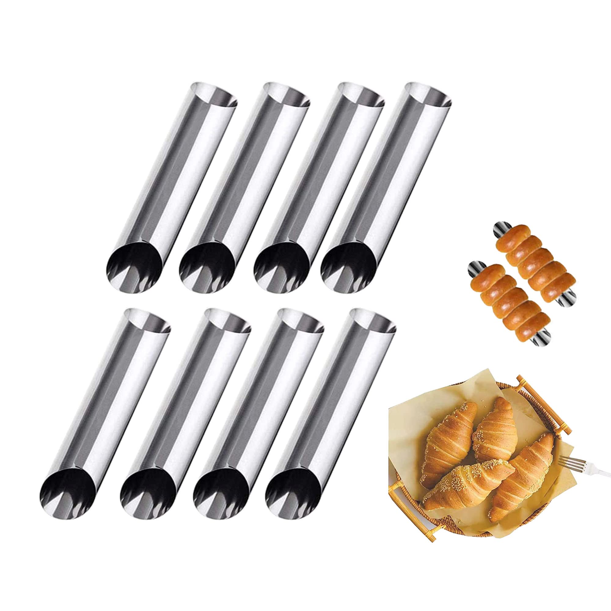 8 Pack Cannoli Tubes, Stainless Steel 5 inch Pancake Tubes Cream Croissant Mold Spiral Cake Croissant Baking Mold DIY Spiral Croissant Mold Cake Decoration Tool-Candy Corner Mold