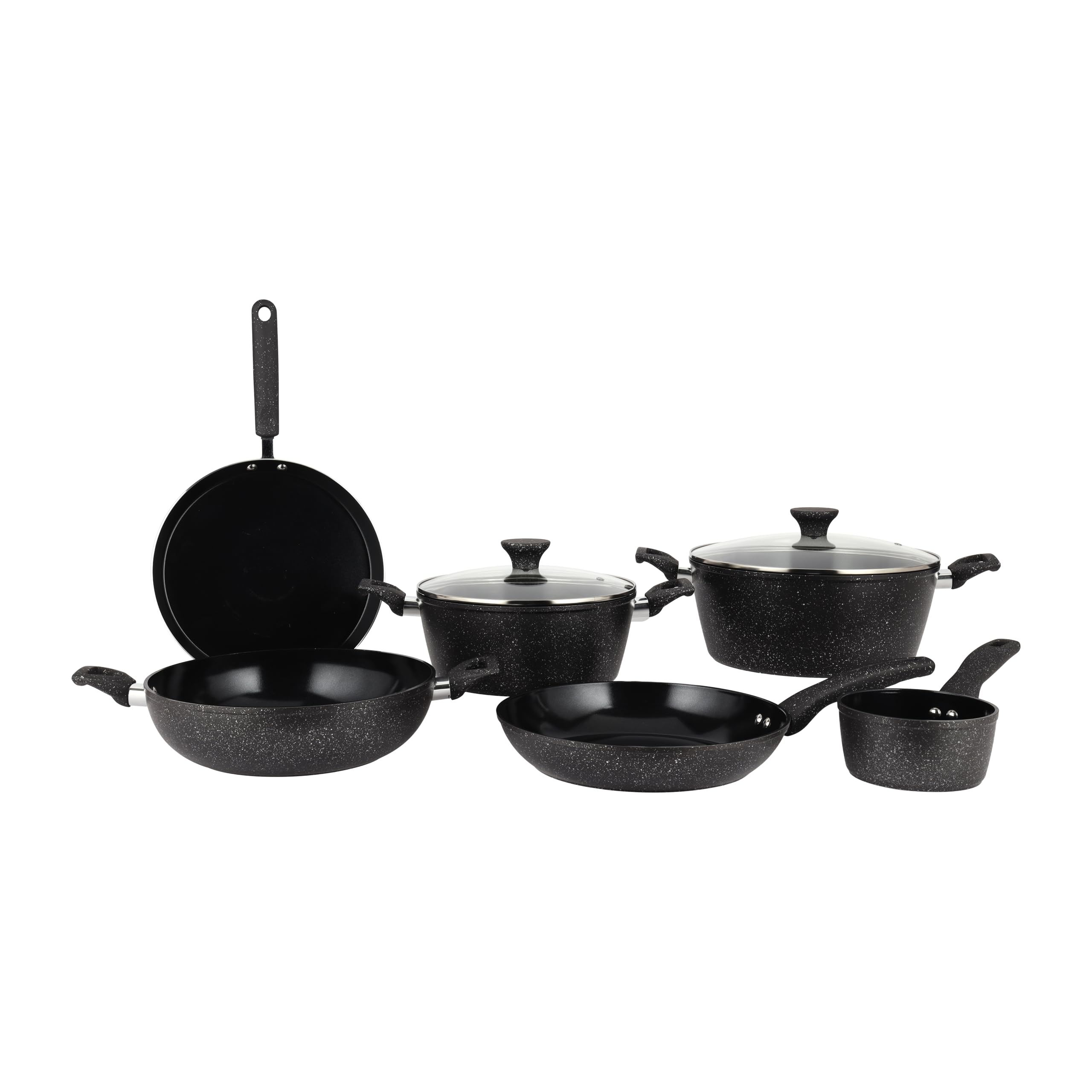 Royalford Prido 8pcs Forged Aluminum Cookware Set RF12771 Durable Nonstick Ceramic Coating with 4-Layer Construction, Tempered Glass Lid Includes Casseroles, Wokpan, Saucepan, Fry Pan, Pizza Pan