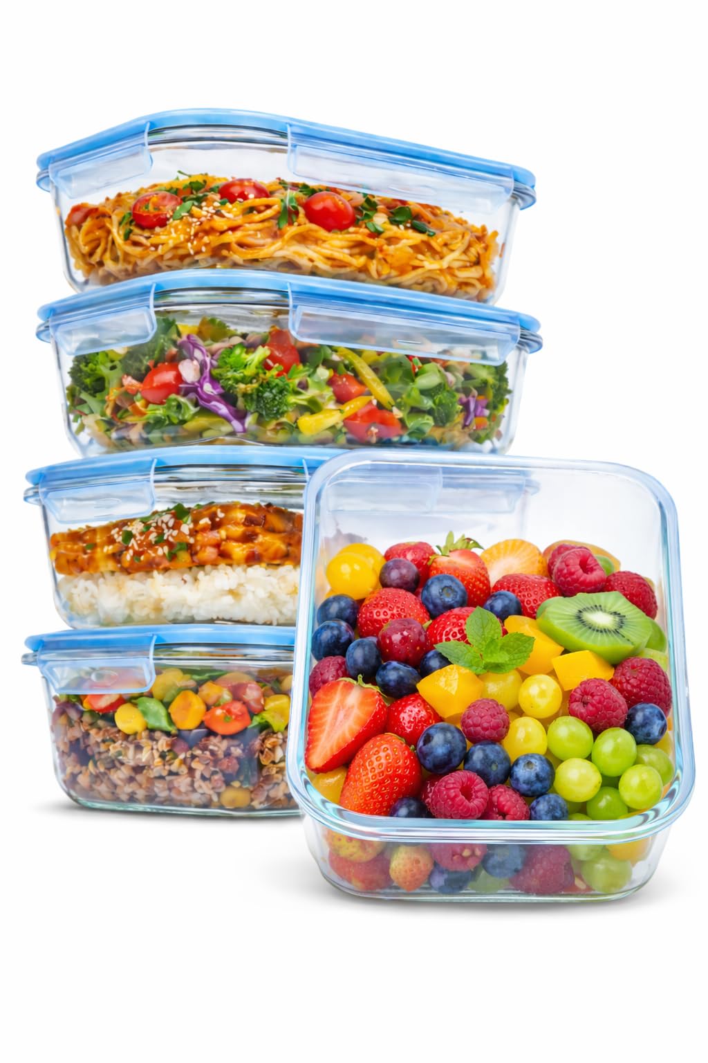 Set of 5 Glass Food Storage Containers with Lids, 1040ml / 35oz Meal Prep Glass Lunch Containers, Airtight Leak Proof, Microwave Freezer & Dishwasher Safe