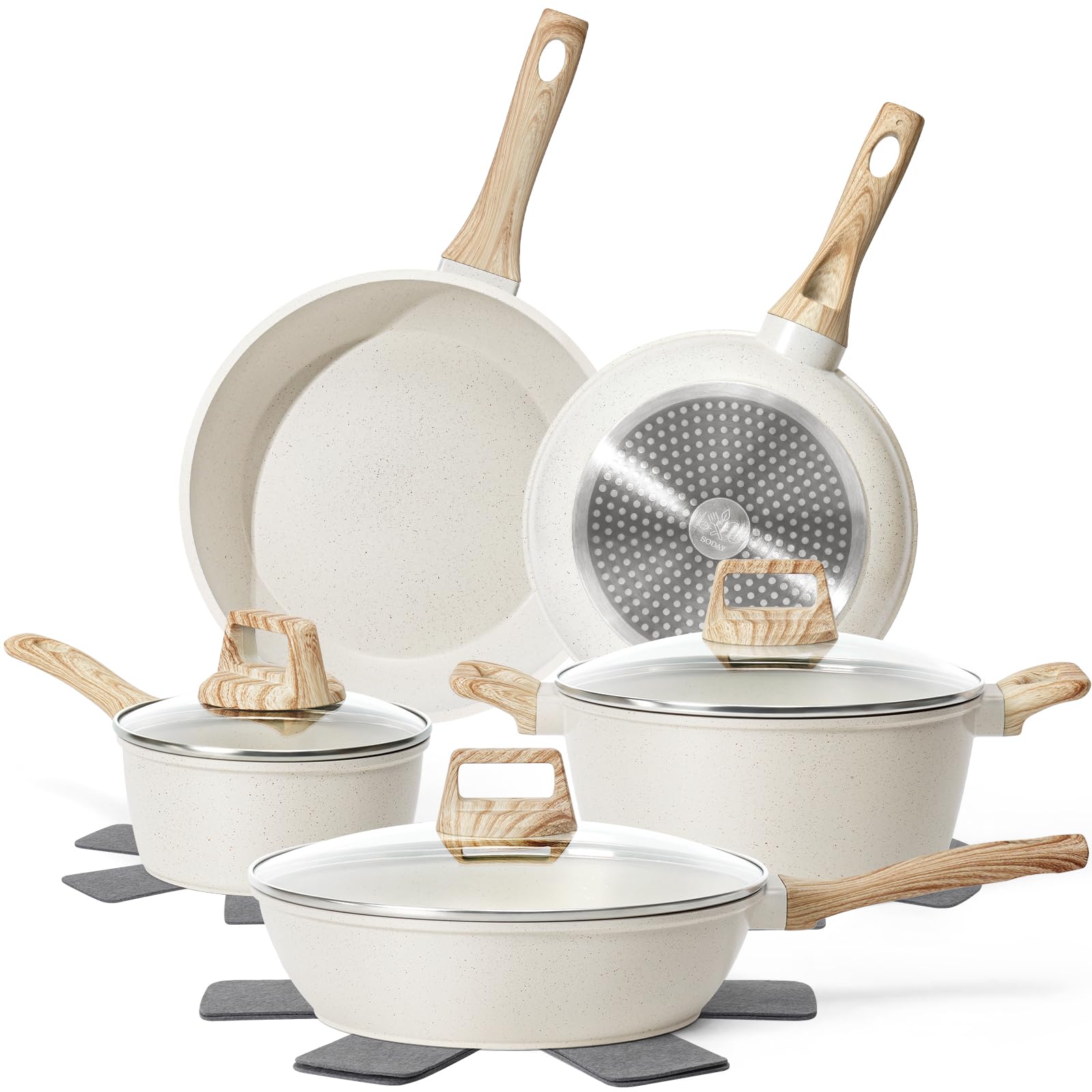 Pots and Pans Set, Nonstick Kitchen Cookware Sets, 12 Pcs Induction Cookware Granite Cooking Set with PFOS & PFOA Free Frying Pans, Saucepans, Steamer Silicone Shovel Spoon & Tongs (White)…