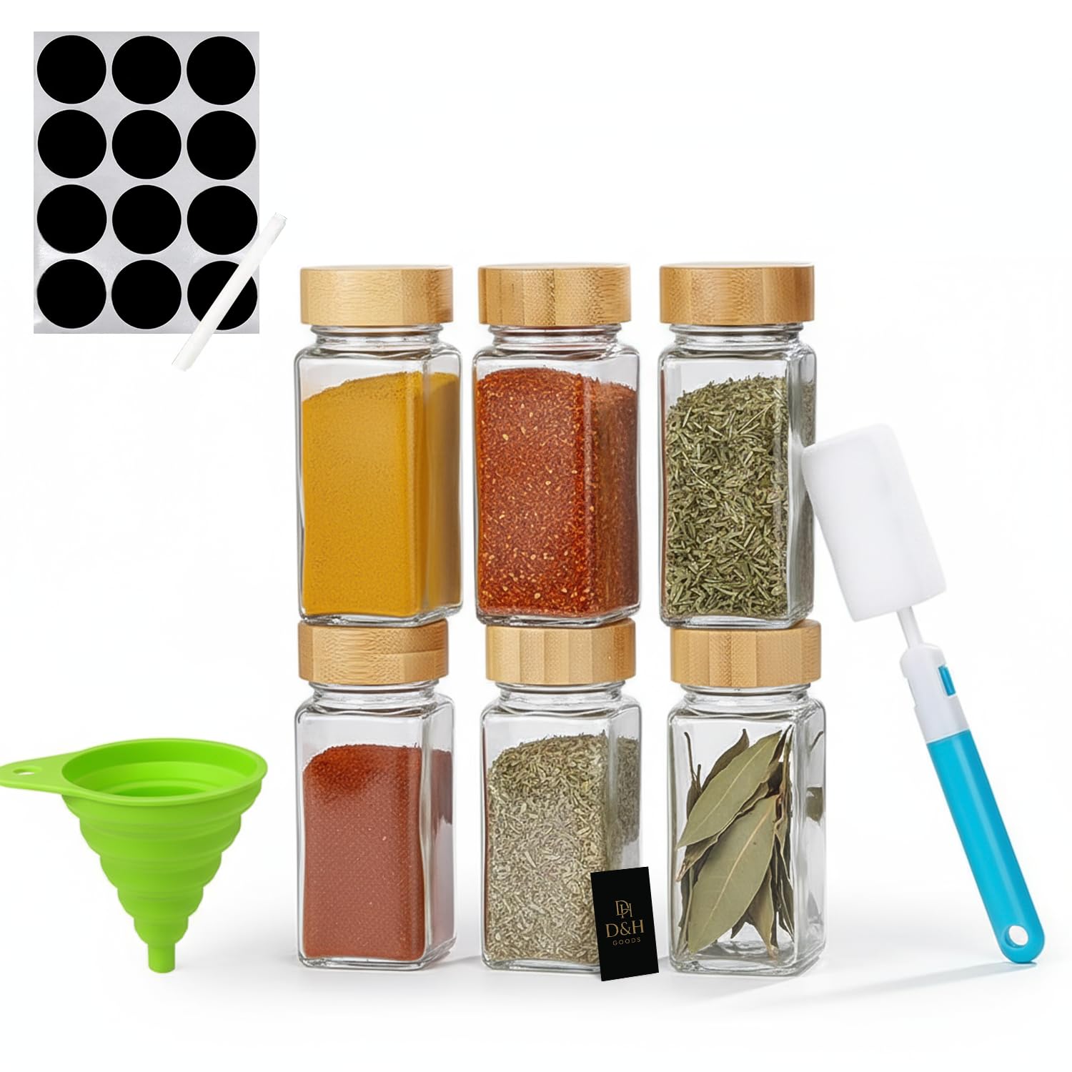 Glass Spice Jars with Bamboo Lids 6 Set – Airtight Glass Containers with Labels for Spices, Herbs, Coffee, Tea & Sugar, Stylish Spice Rack Jars for Kitchen Pantry Countertop Organization
