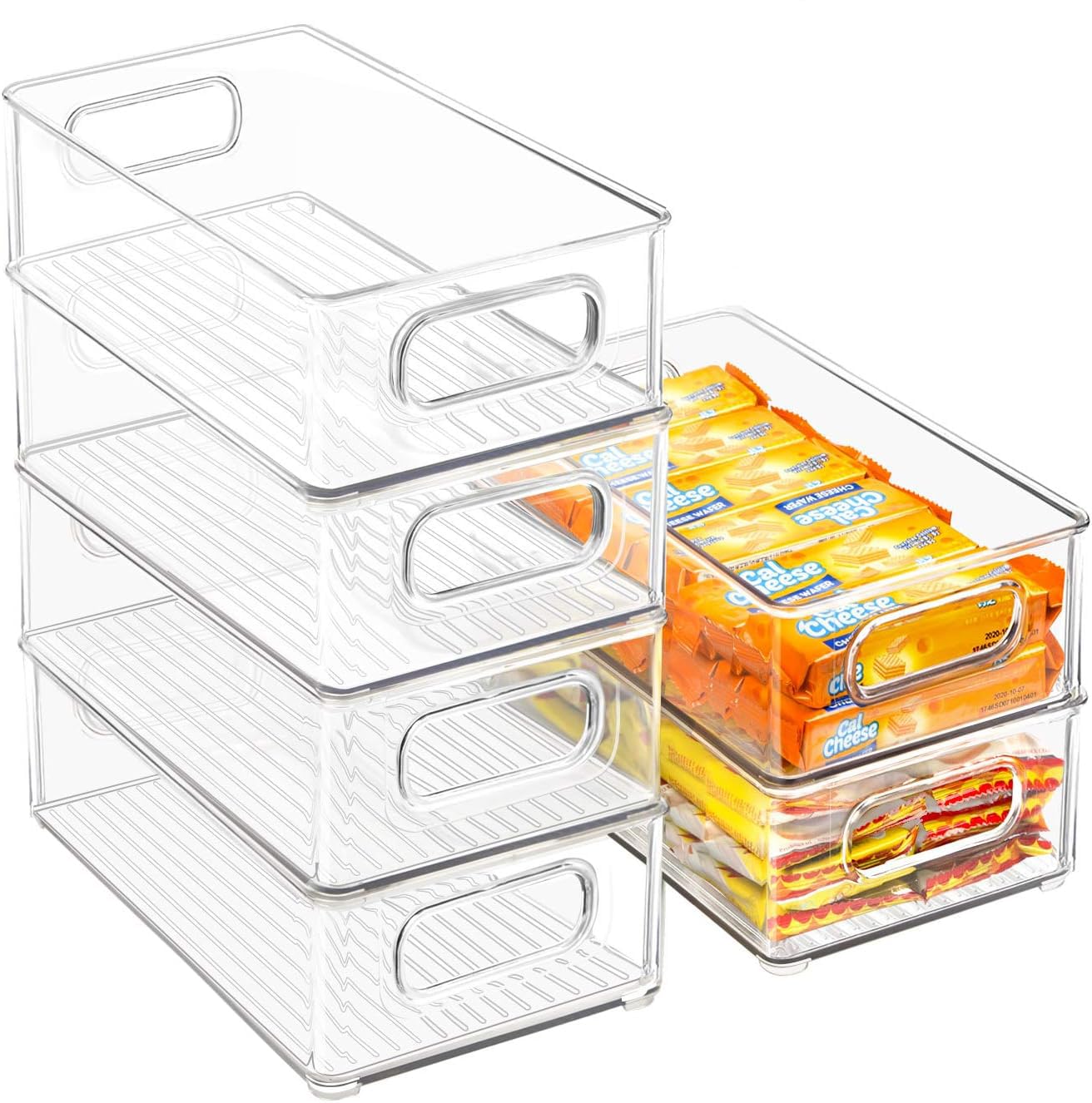 Stackable Plastic Food Storage, 6 Pack Clear Container Bin with Handles for Organizing Kitchen, Pantry, Refrigerator, Freezer, Pantry, Cabinet, Closet, Bathroom