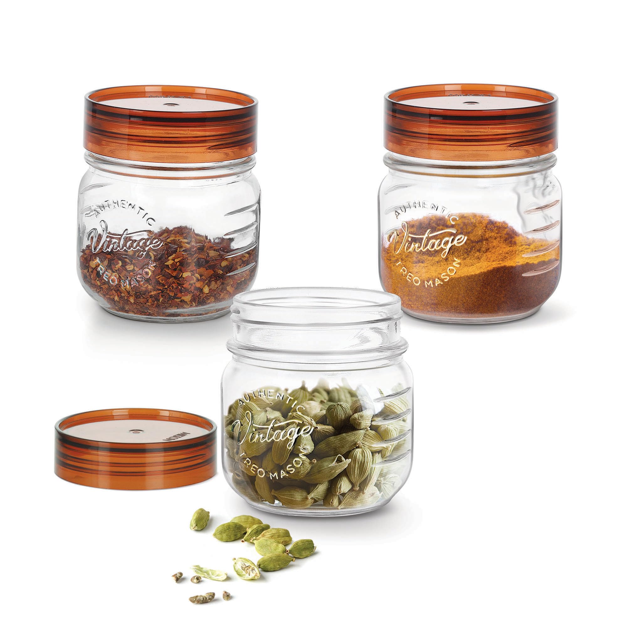 Treo By Milton Vintage Glass Jar with Airtight Lid Kitchen Storage Containers, BPA Free, Glassy Storage Organizer, Multipurpose Dabba for Food, Spice, Cereals, Cookies, Dry Food, Set of 3, 300ml each