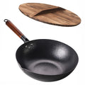 Angju Carbon Steel Wok Pan - 32cm Woks and Stir Fry Pans with Lid, No Chemical Coated Wok Pan for Electric, Induction & Gas Stoves, Nonstick Iron Wok and Stir Fry Pan with Detachable Wooden Handle