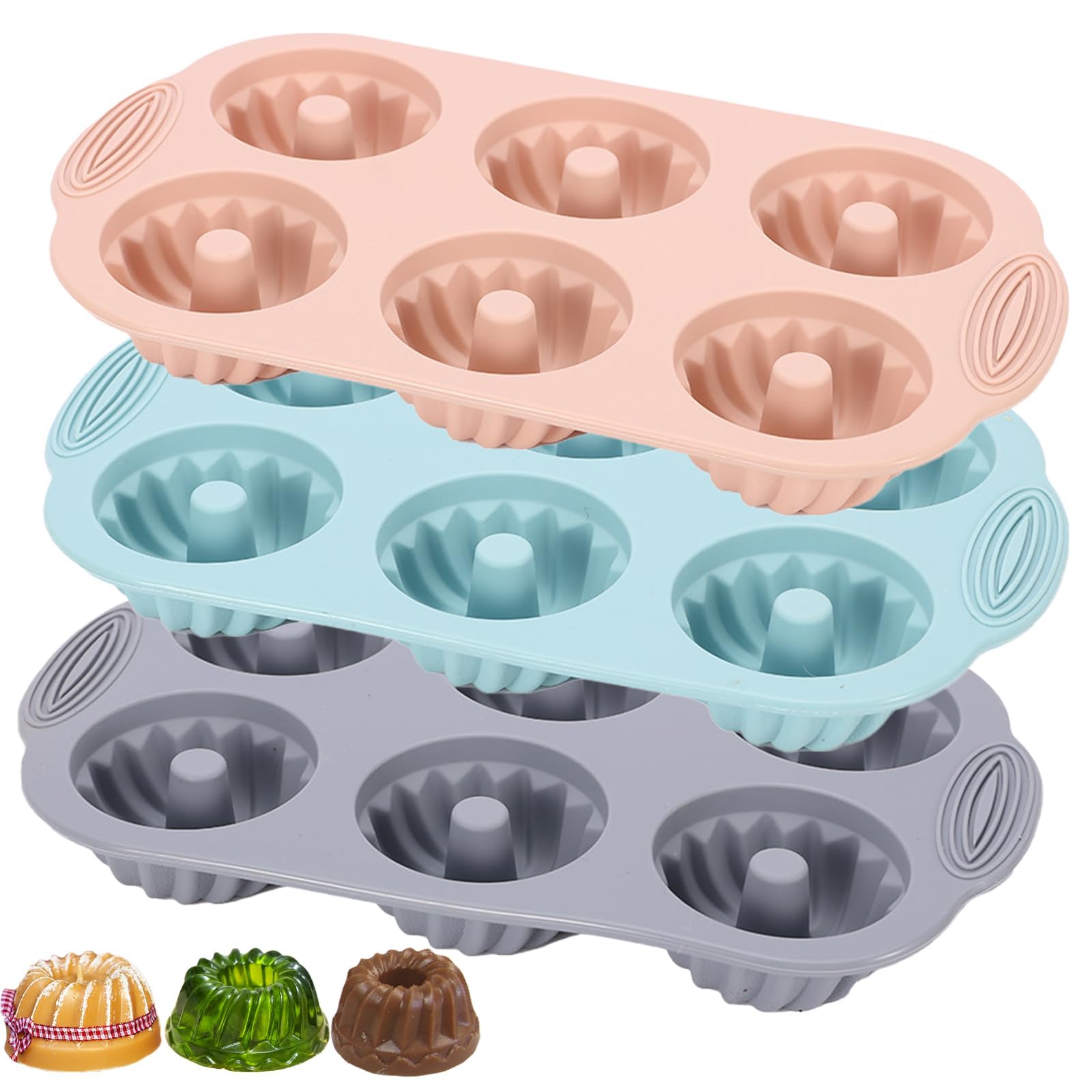 Mini Cake Pan, Silicone Fluted Tube Cake Pans, 6 Cavity Cake Mold, Non Stick Baking Molds, Pink Blue Gray, Ideal for Cupcakes, Desserts, and Home Baking 3pcs