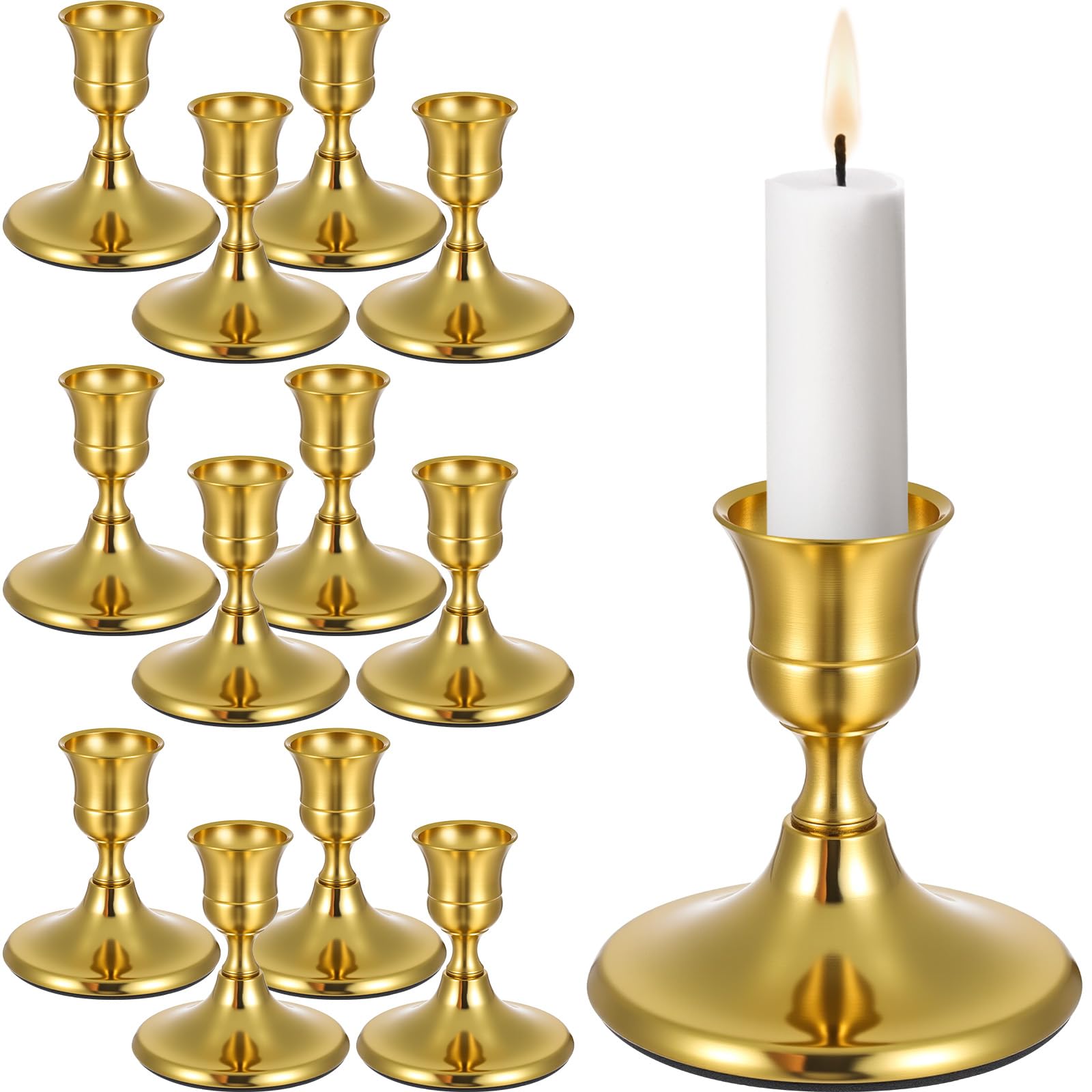 12PCS Gold Taper Candle Holder Set, Vintage Metal Brass Candlestick Holders for for Dinner Room Table Centerpiece or Mantel Wedding Christmas Birthday Party Holiday Dinning Table Decor