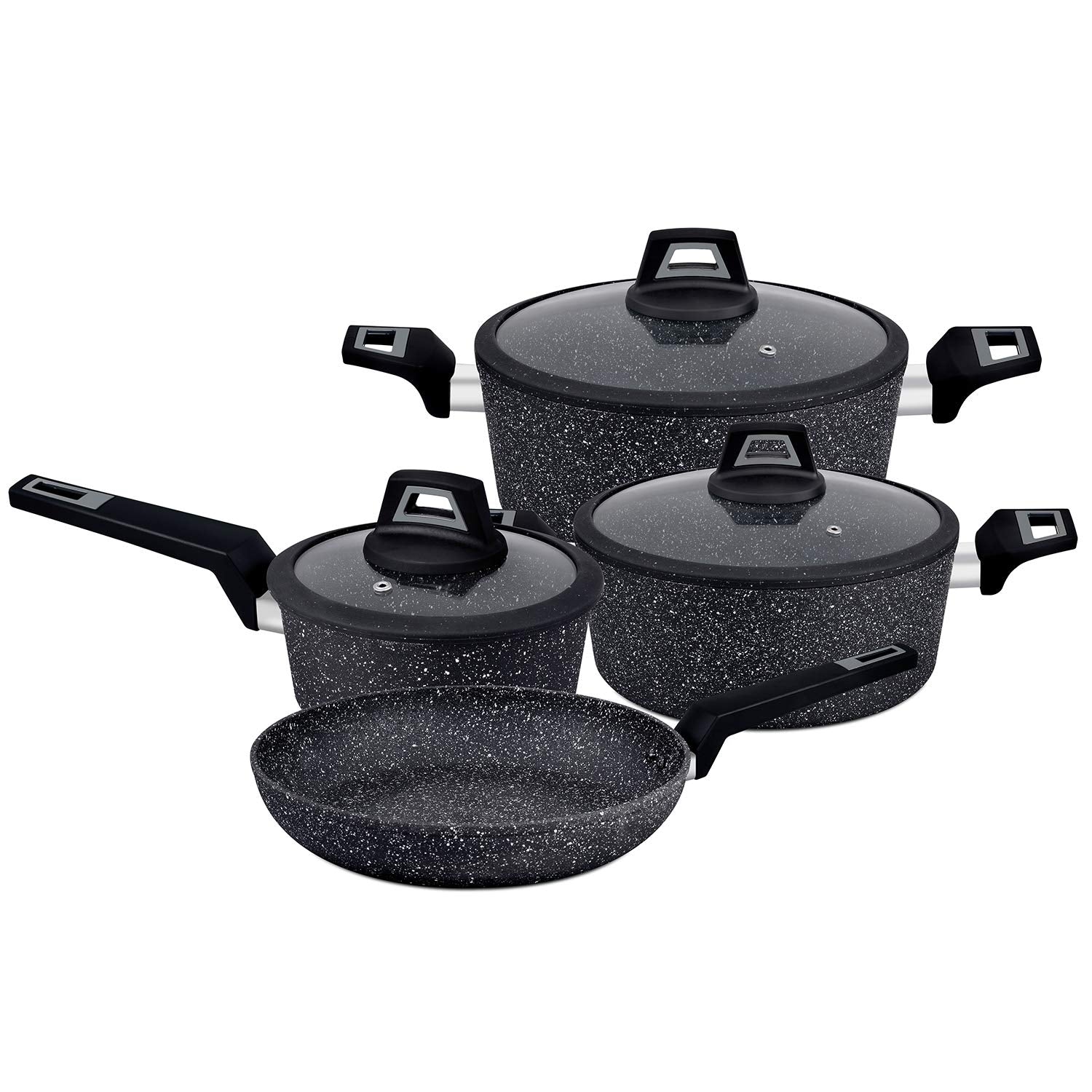 Royalford Chef Art Aluminium Cookware Set, 7 Pieces, Black, RF9557, Scratch Resistant, Tempered Glass Lids, 2.5MM Body Thickness, Bakelite Knobs, and CD Bottom
