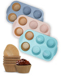 Tazweeq 3 Pack Silicon Muffin Pan, 6-cavity Regular Size, BPA Free, with 100 Natural Cupcake Liners, Egg Bite & Muffin Molds for Baking