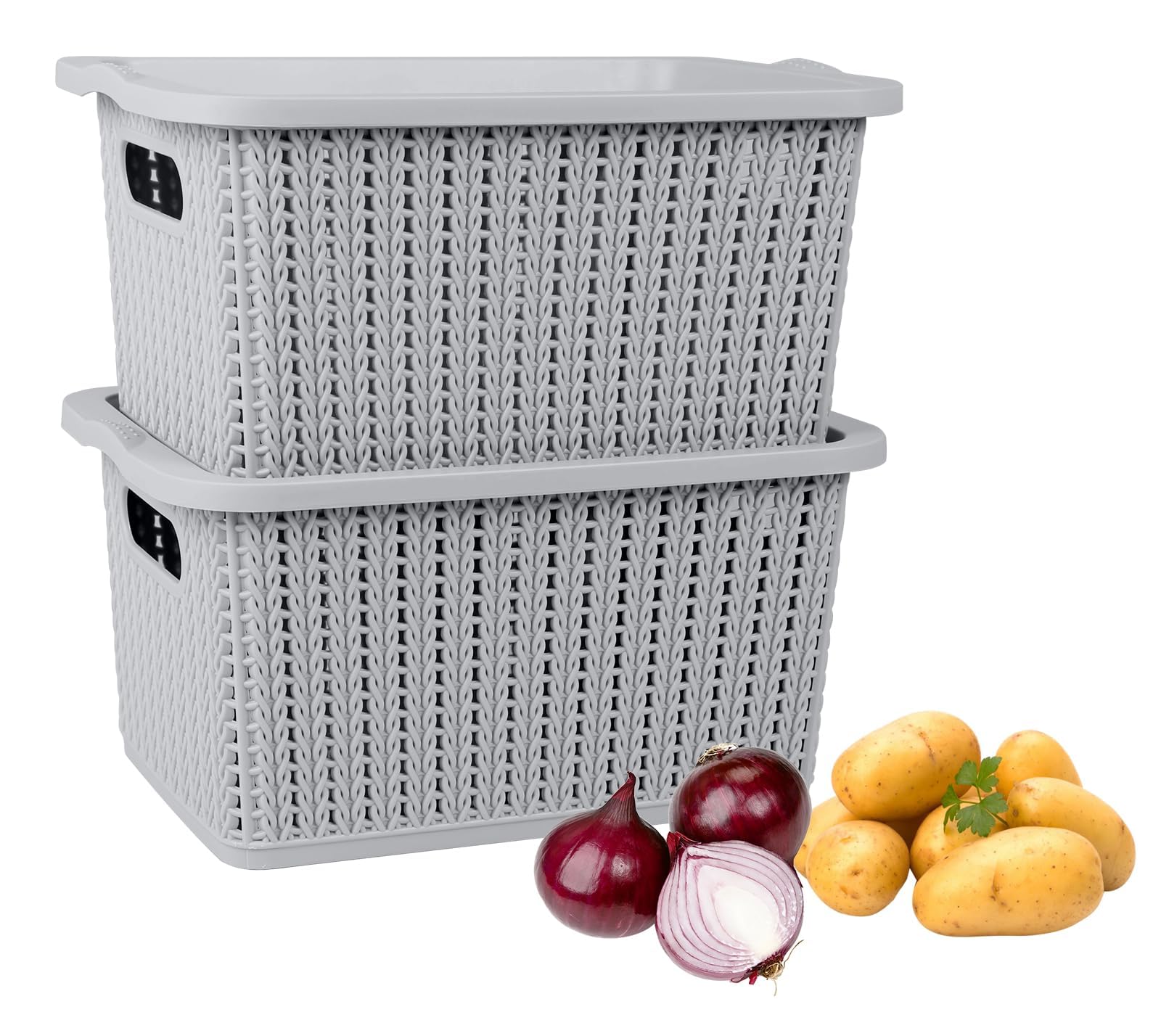 2 Pack Vegetable Storage Set, Potato Onion Garlic Kitchen Canisters Keeper Containers With Aerating Holes And Lid, Box Tin Handle