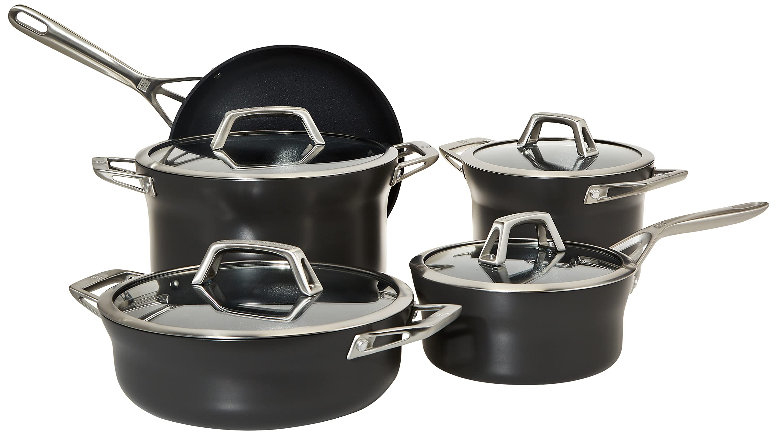 Zwilling Motion 5pc Cookware set Anodized Aluminium PFOA-free nonstick coating Stay cool handles Oven safe. 2 pots, sauce & Frying Pan, braiser + 4 lids