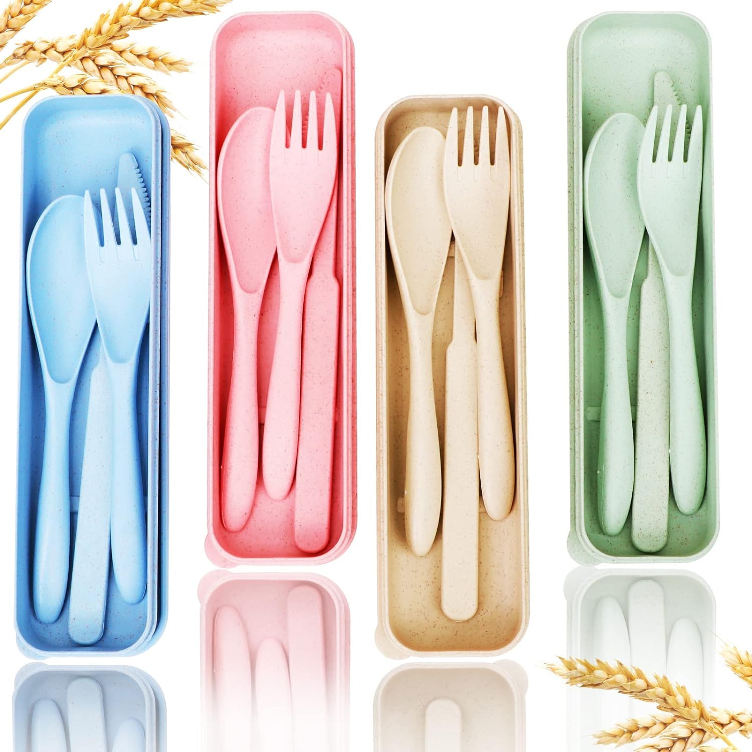 Aowin 4 PCS Reusable Travel Utensils Set with Case,Portable Knife Fork Spoons Tableware Set,Wheat Straw Travel Cutlery,Plastic Dinnerware Camping Tableware Set for Travel Picnic or Daily Use