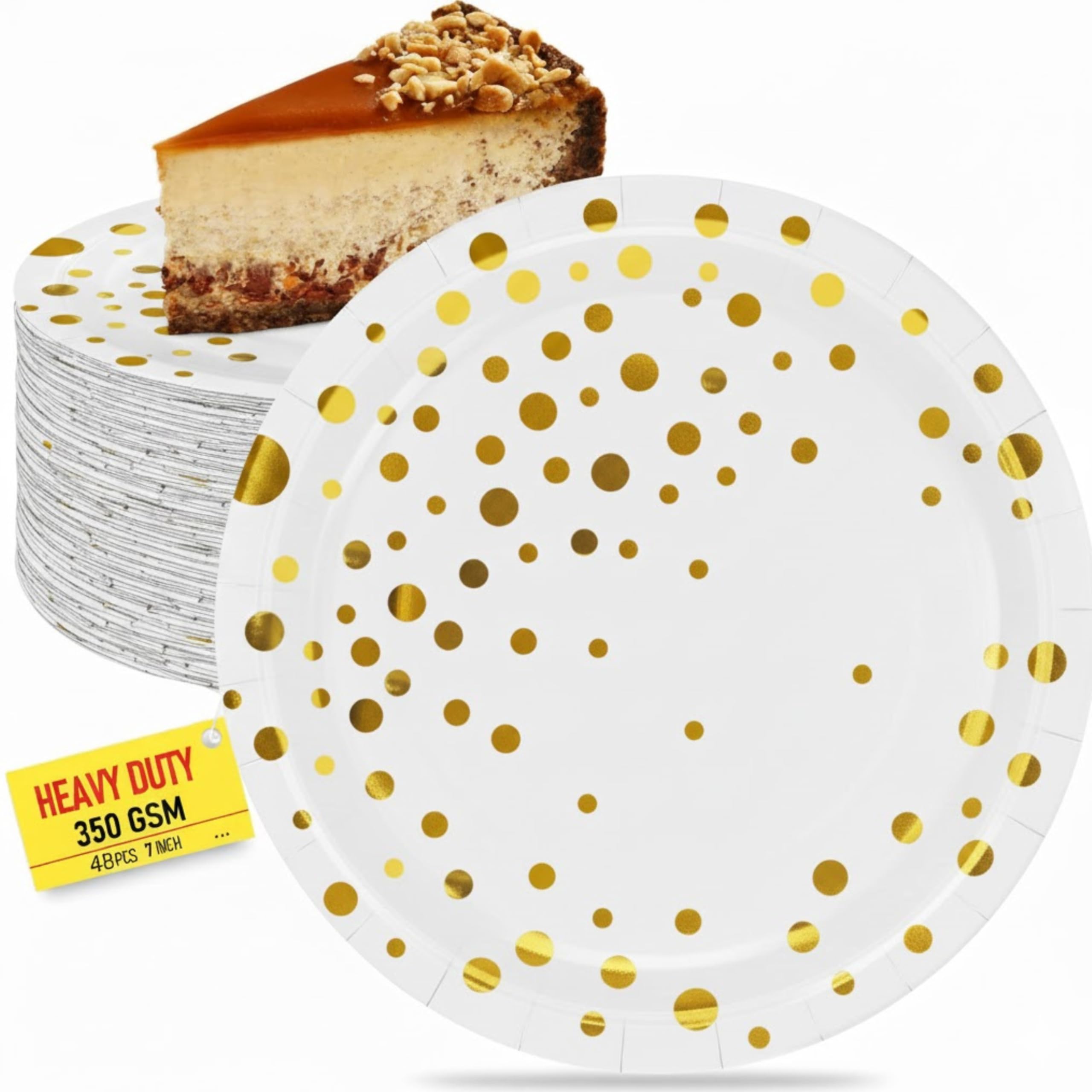 48 Pcs Gold Polka Dot Paper Plates – Heavy Duty 350GSM Disposable Party Plates for Cake, Dessert & Appetizers – Premium Foil Tableware for Birthday, Wedding, Christmas & Events (White, 7")