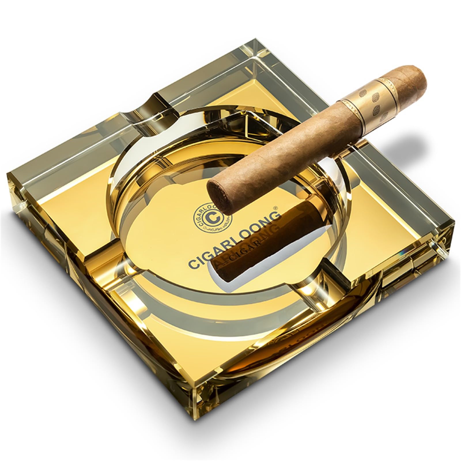CIGARLOONG Glass Cigar Ashtray 4 Slots, Big Ash trays for Home Office Decoration Cigarette Ashtrays for Desktop,Tabletop Ashtray,Cigar Accessories for Men (Gold)