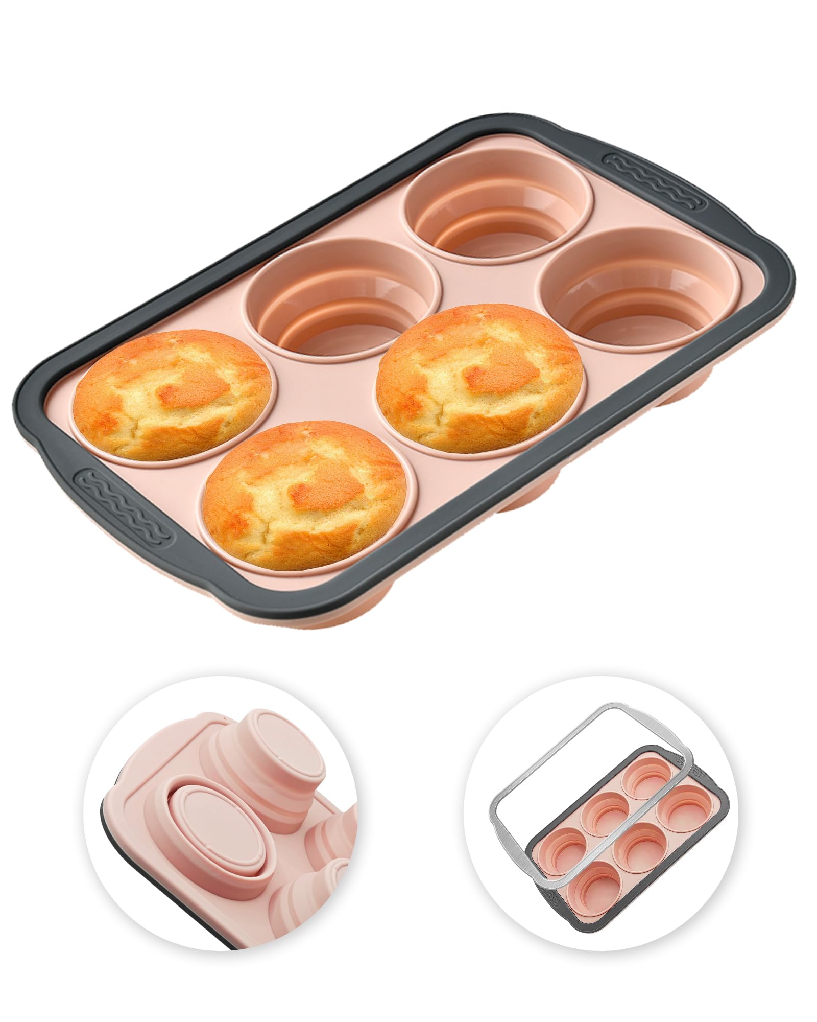 6 Cup Silicone Muffin Pan with Metal Frame, Nonstick Bakeware for Oven, Easy to Pop Muffin Tins, Non Toxic & Dishwasher Safe for Everyday Baking