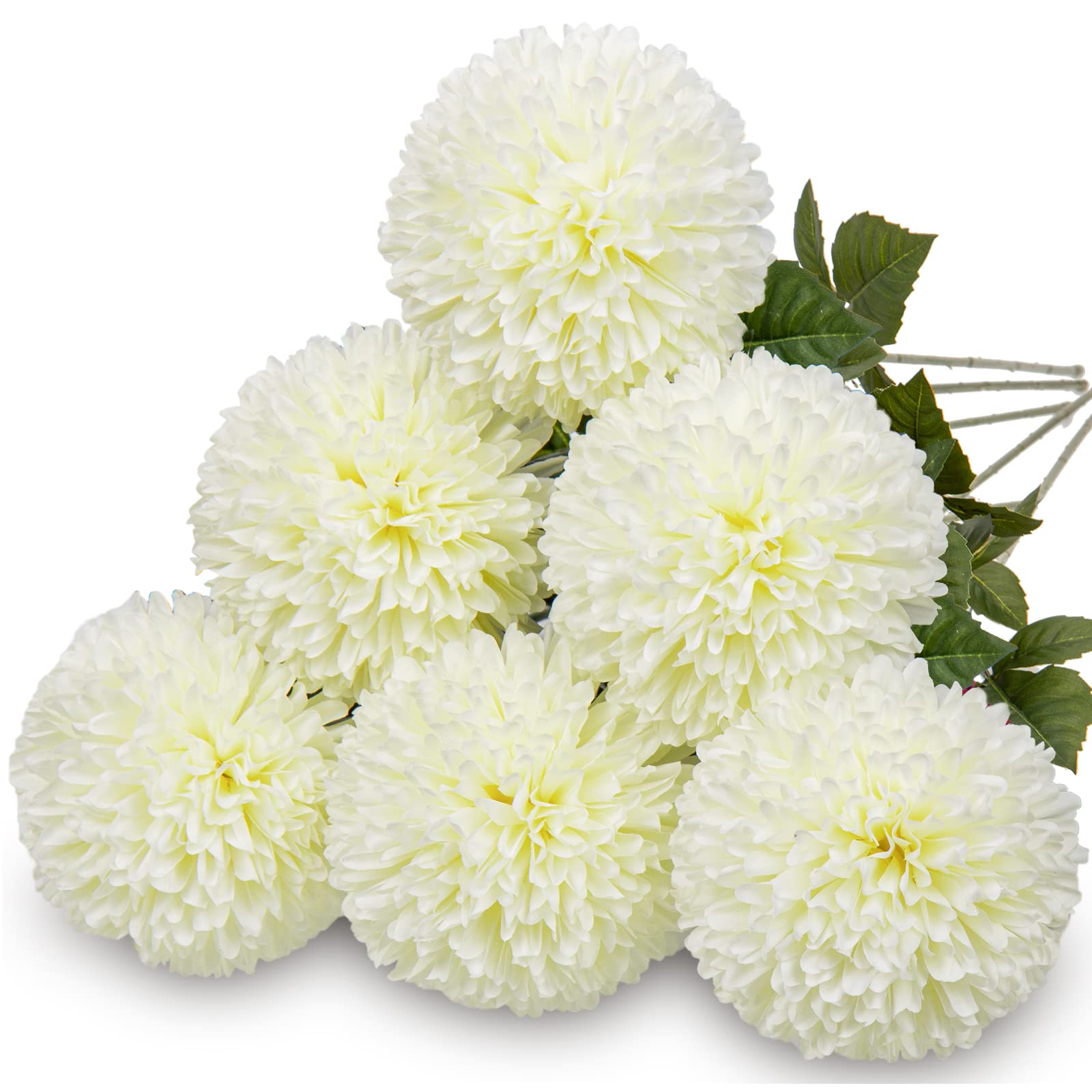 Autumn Artificial Chrysanthemums Ball Flowers 4’’ Large Heads Mums Stems Cream White Fake Hydrangea Flowers Bridal Wedding Bouquet for Home Garden Party Wedding Fall Decoration, Set of 6