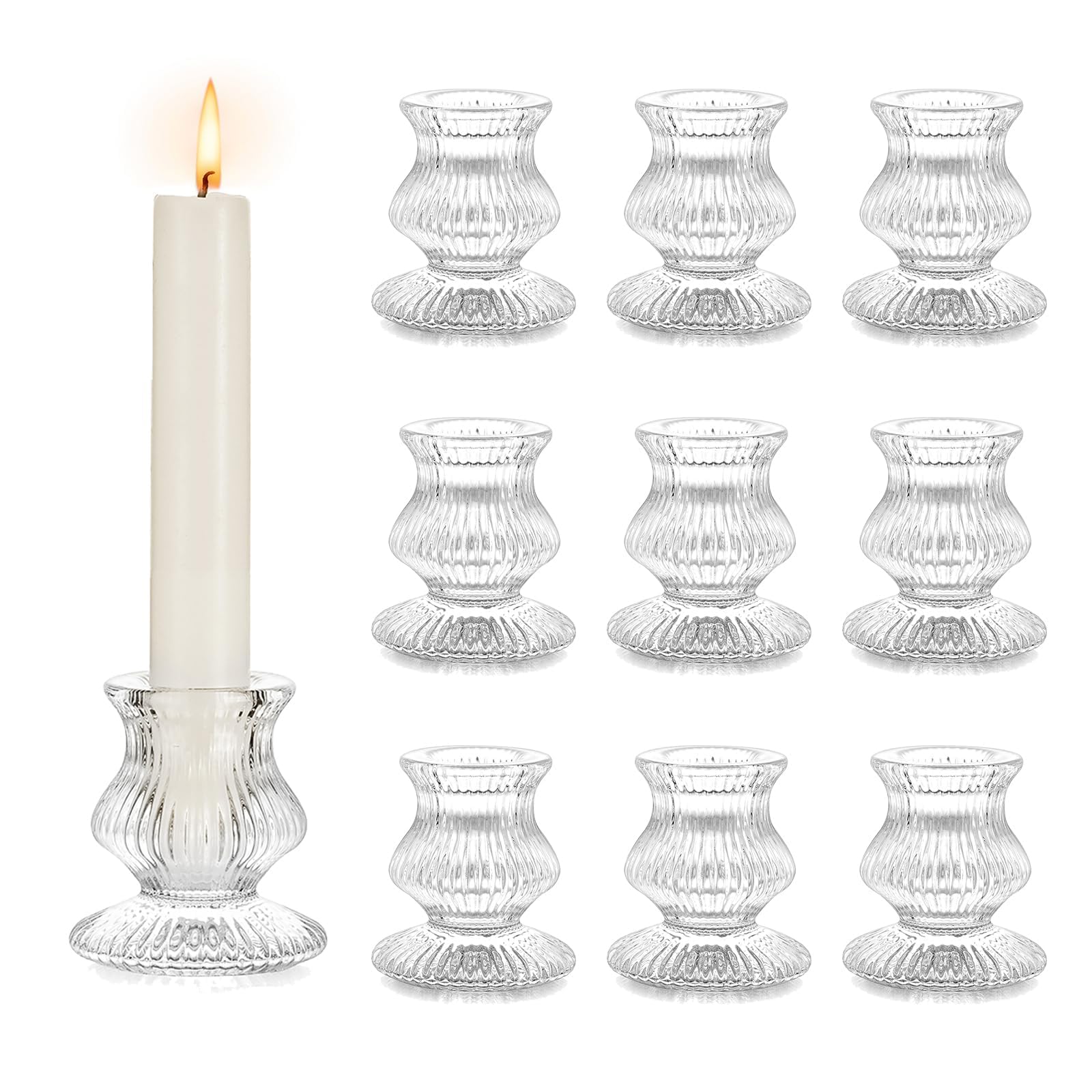 SYOSI Glass Taper Candle Holders, 10PCS Clear Candle Holder Candlestick Holders, Crystal Ribbed Candle Sticks Holder Decor for Table Centerpiece Wedding Advent Wreath Christmas Thanksgiving Dinner