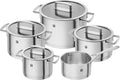 Zwilling Vitality 5pc Cookware set. 3-ply base. 18/10 Stainles steel body. Aluminum core. Stay-cool handles. Set Contains: 3 Stock pot, Stew pot, sauce pan, 3 lids. Zwilling