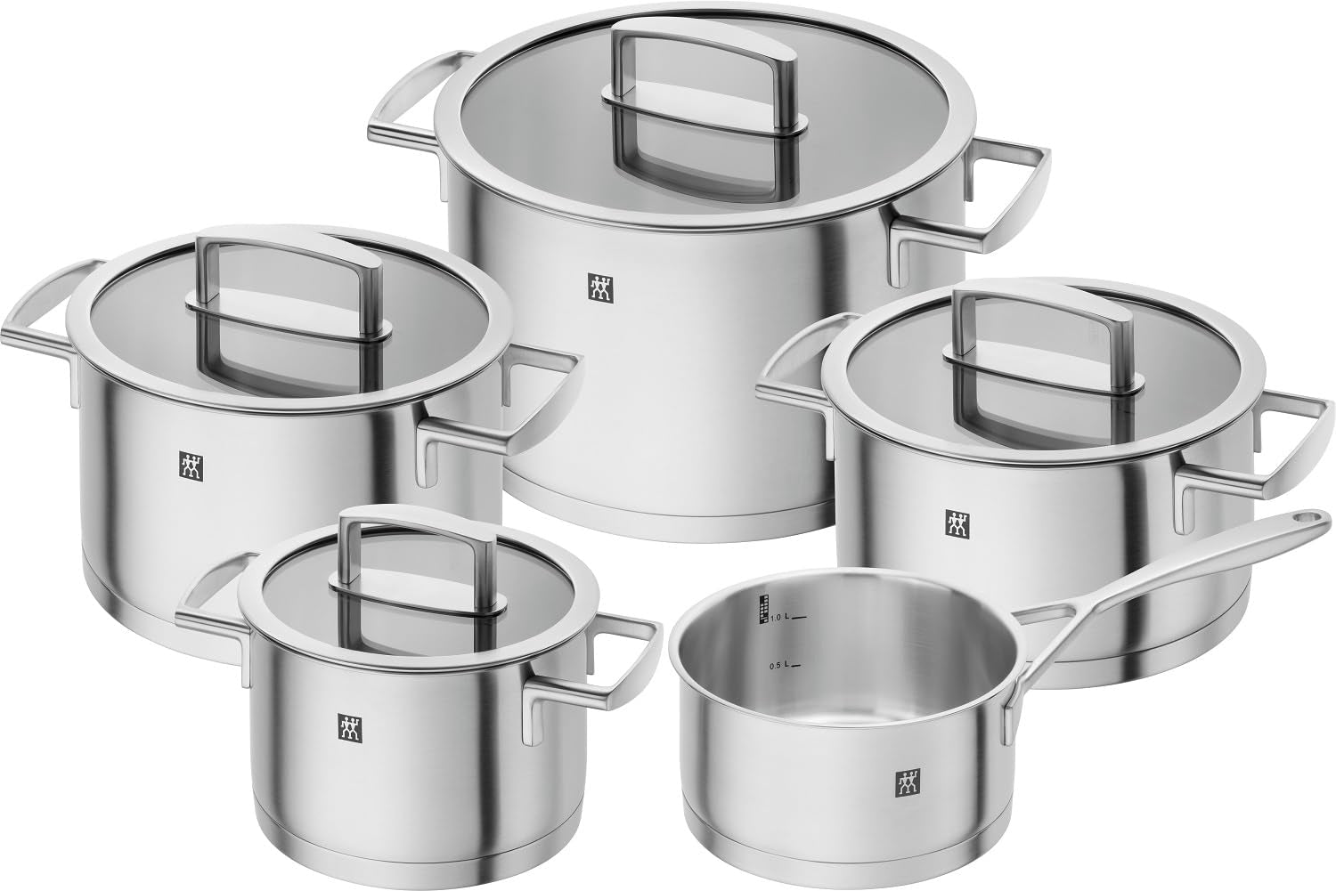 Zwilling Vitality 5pc Cookware set. 3-ply base. 18/10 Stainles steel body. Aluminum core. Stay-cool handles. Set Contains: 3 Stock pot, Stew pot, sauce pan, 3 lids. Zwilling