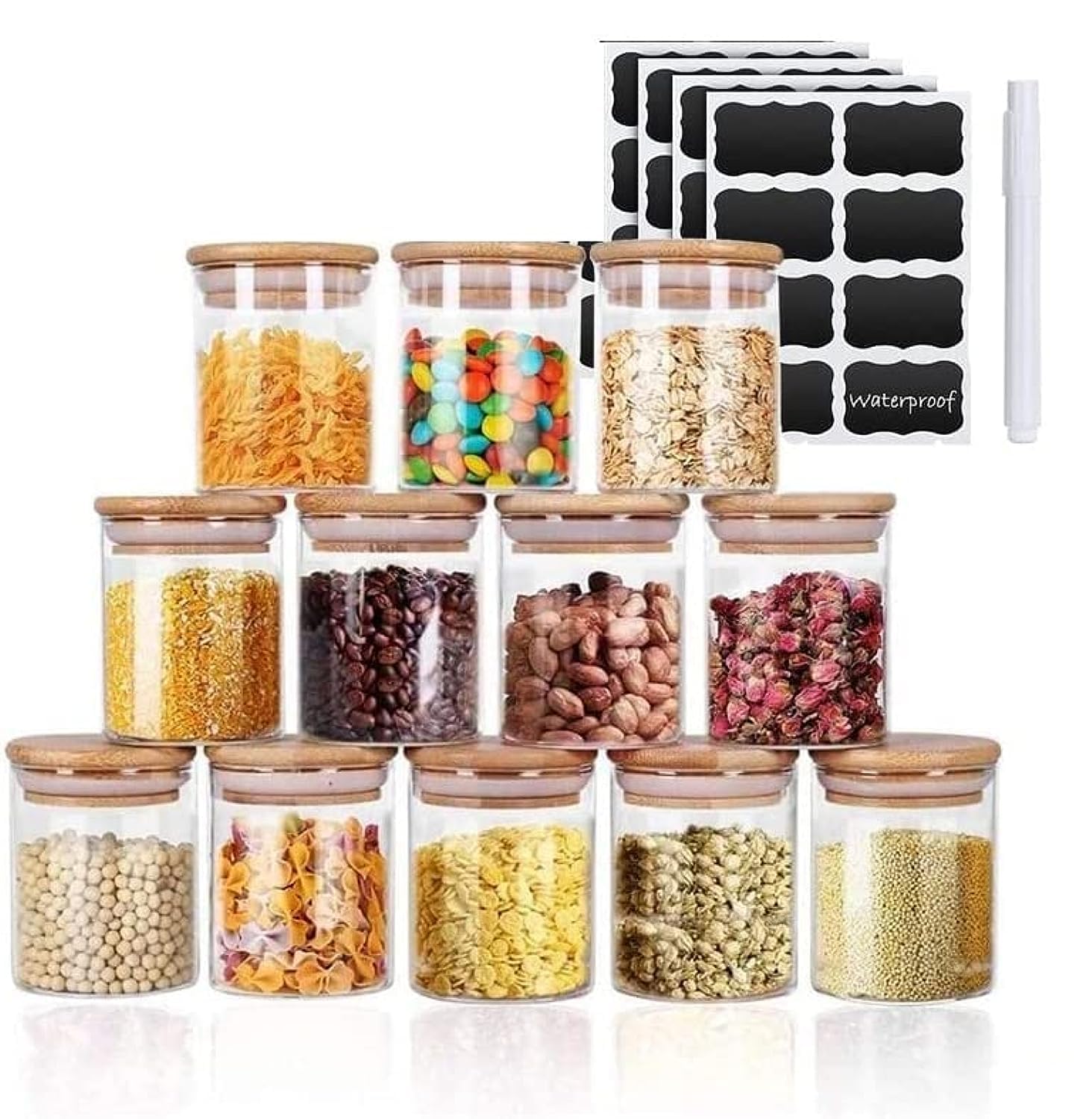 MahMir Glass Jars Set 300ML, MahMir 12 pcs Set Glass Spice Jars with Bamboo Airtight Lids and Labels, Food Cereal Storage Spice Containers for Home Kitchen Tea Herbs Coffee Flour Herbs Grains (Round)
