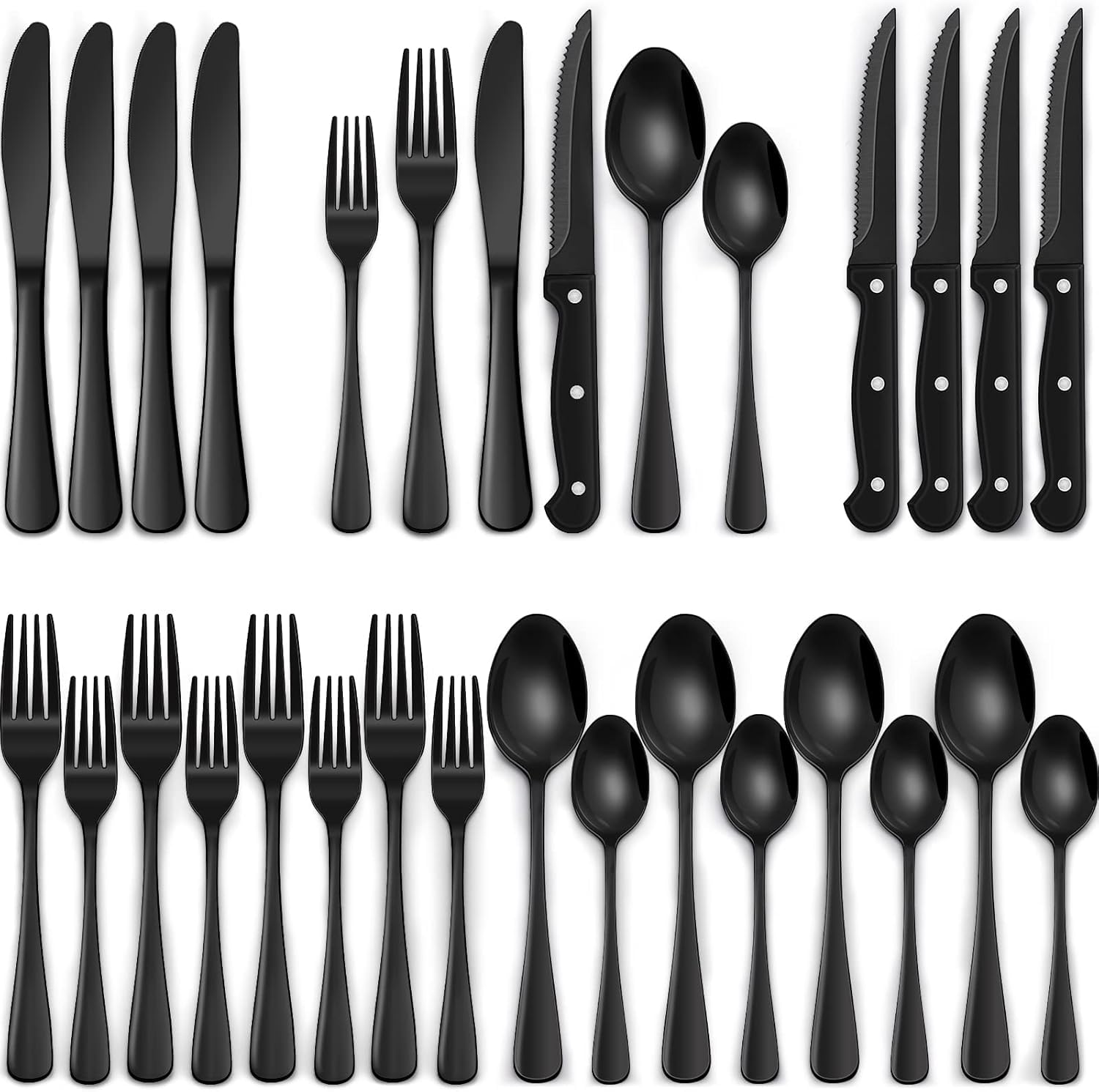 YelaJoy 24-Piece Black Silverware Set with Steak Knives, Black Flatware Set for 4, Food-Grade Stainless Steel Tableware Cutlery Set, Mirror Finished Utensil Sets for Home Restaurant
